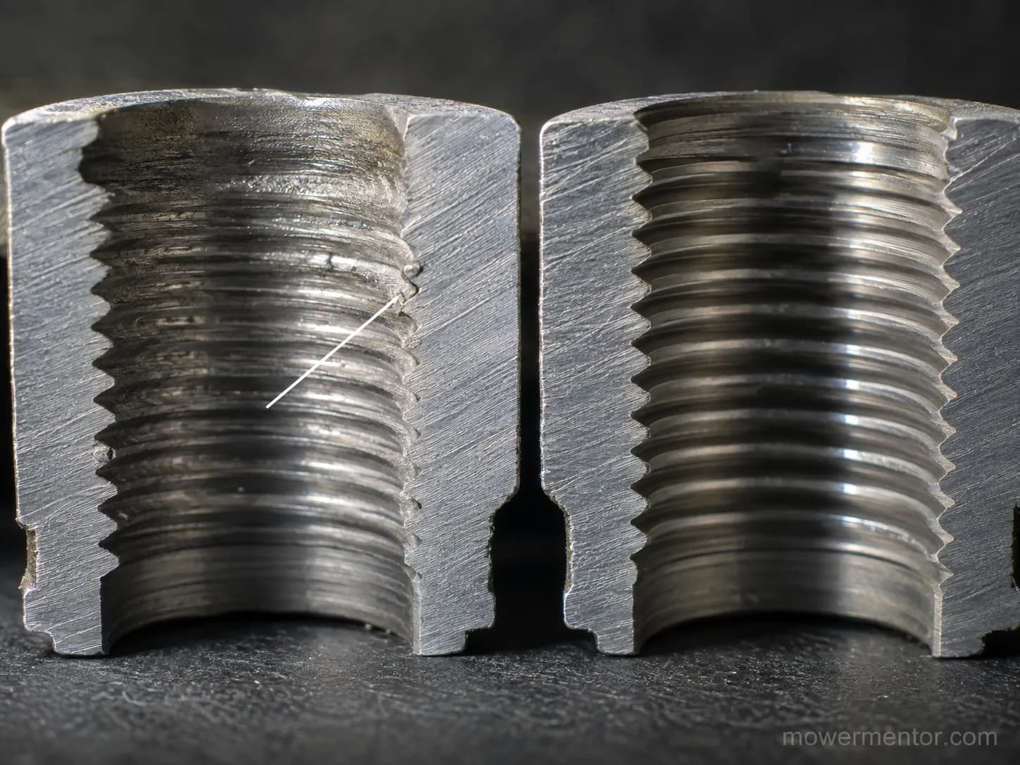 Deformed aluminium spark plug hole threads at 19 ft-lb beside an untouched thread from the same casting, showing rolled and flattened thread peaks.