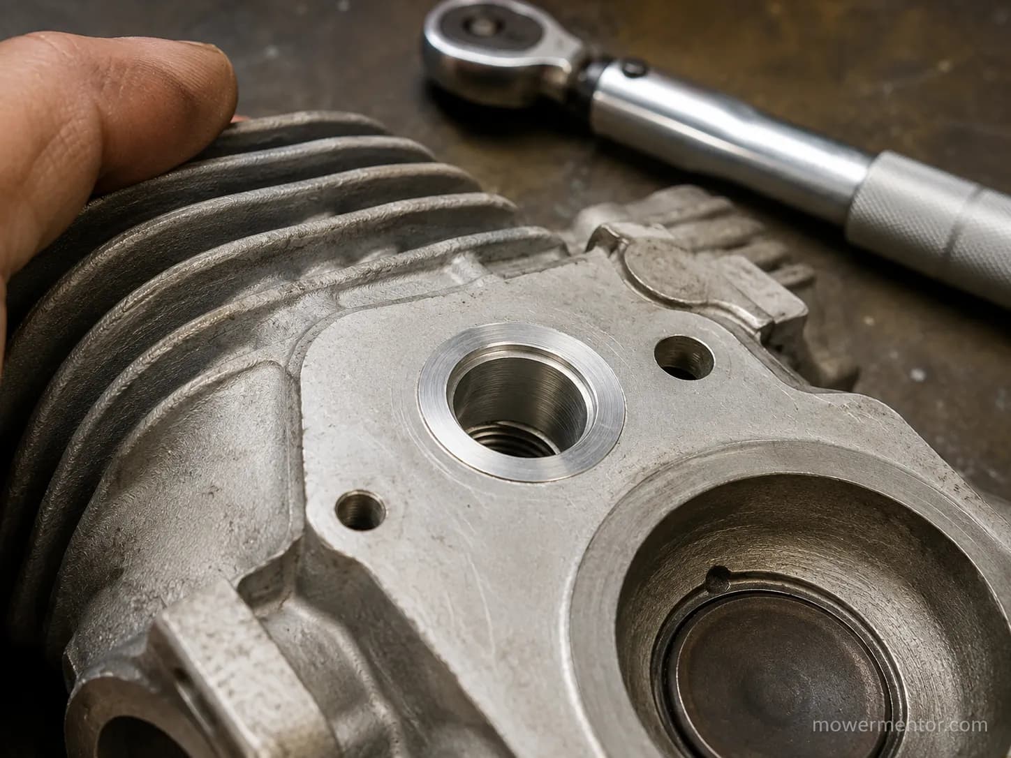 Aluminum mower cylinder head with a stainless steel spark plug thread insert seated flush and square, with a hand steadying the casting and a torque wrench nearby.