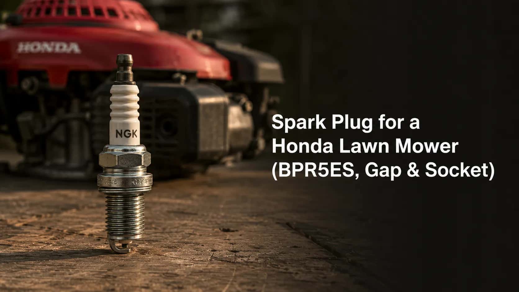 Standing spark plug on a weathered workbench with a blurred red Honda lawn mower engine behind it and title space on the right, illustrating spark plug replacement and maintenance.