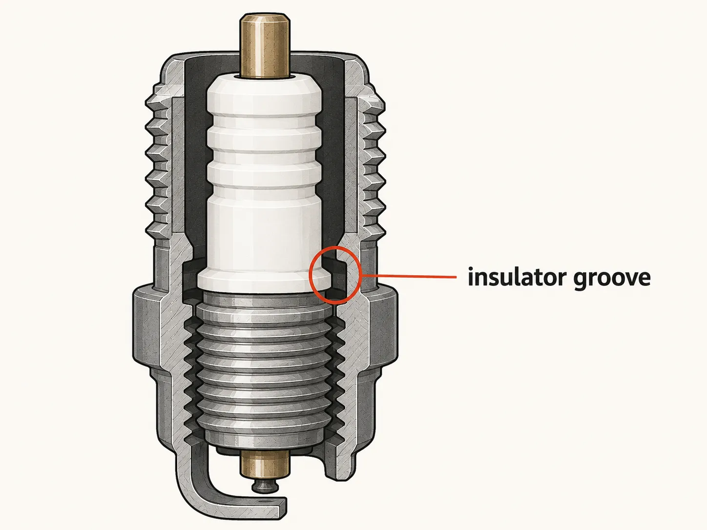 Cross-section diagram of a spark plug highlighting the insulator groove between the ceramic insulator and steel shell, where carbon and debris can accumulate.