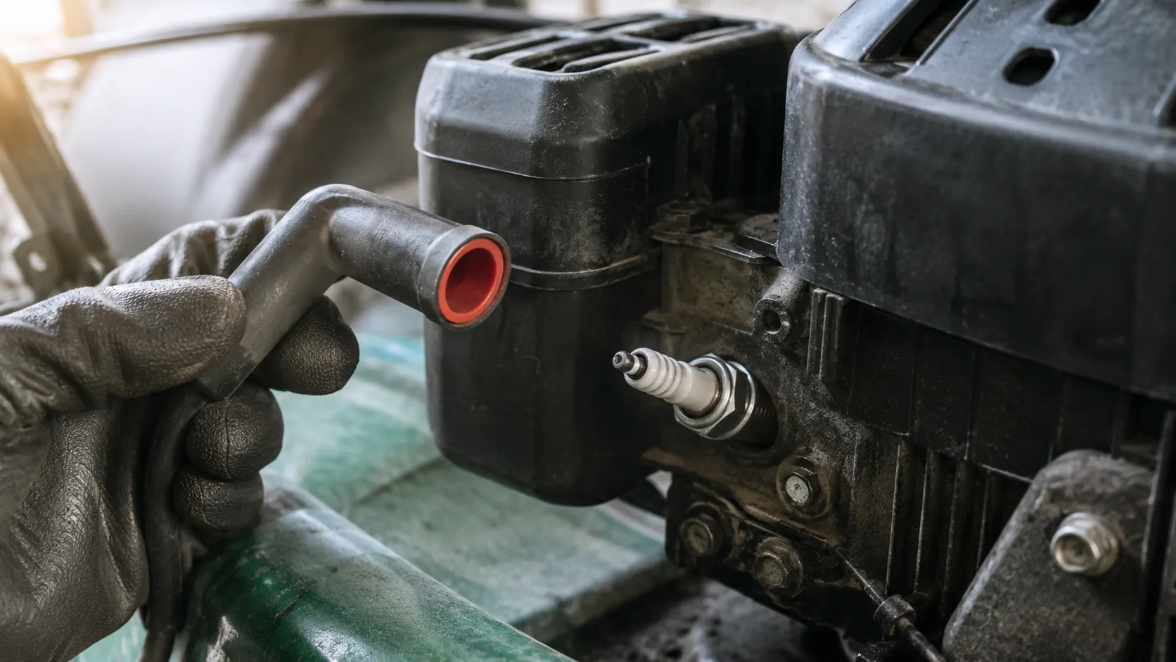 Gloved hand disconnecting and holding a lawn mower spark plug lead clear of the spark plug before removing the engine housing cover, demonstrating the first safety step in small engine maintenance.