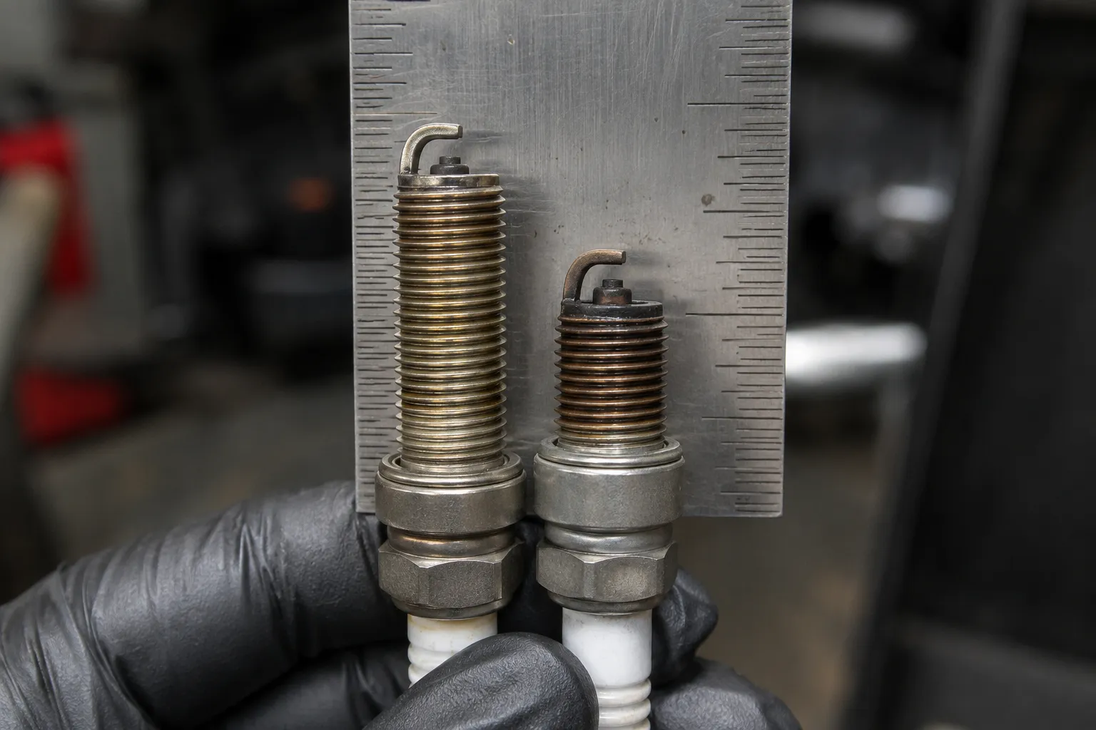Two lawn mower spark plugs held side by side against a steel ruler, showing the longer thread reach of the RC12YC compared with the shorter RJ19LM.