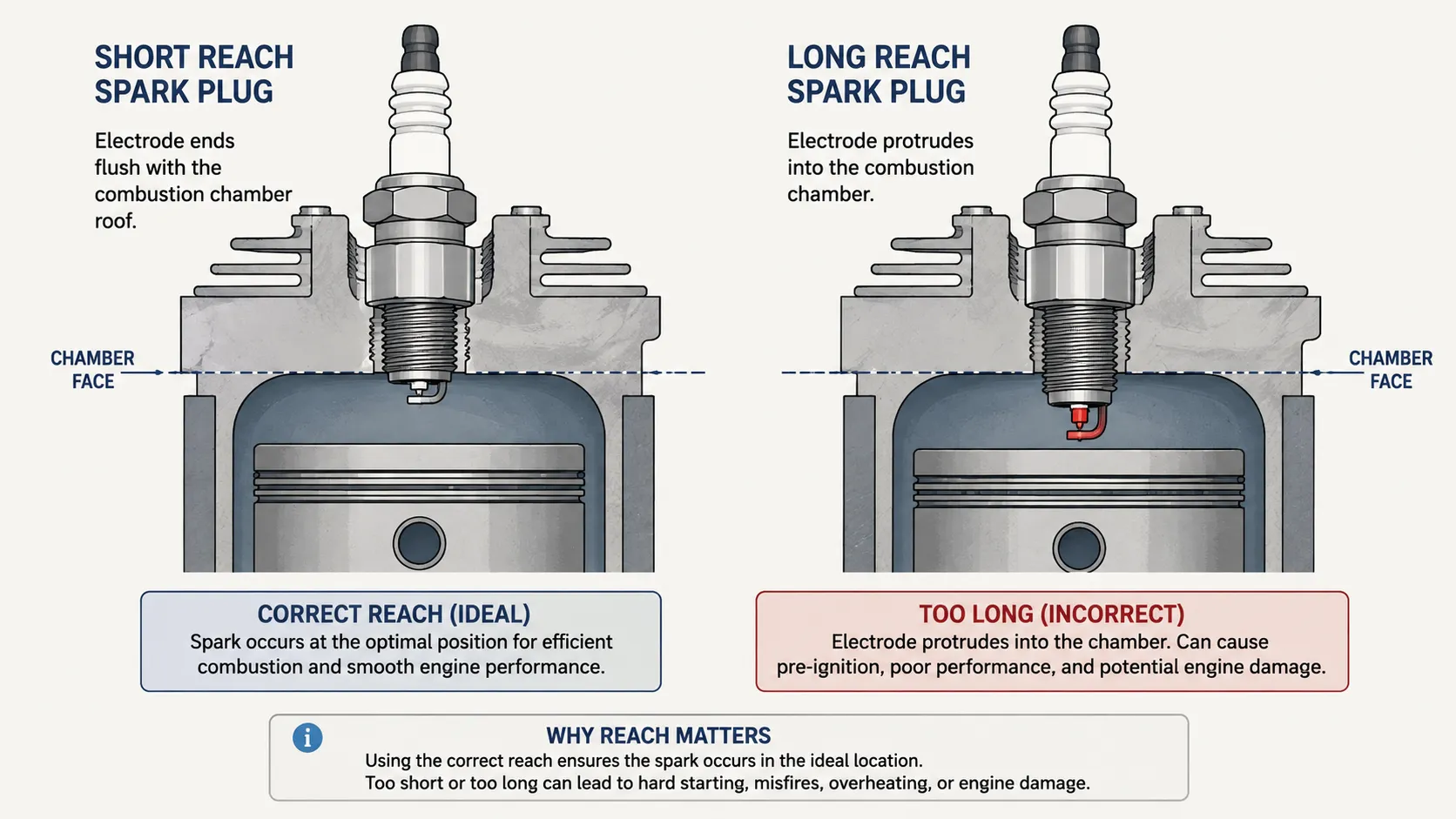 Technical diagram comparing short-reach and long-reach spark plugs in a small engine combustion chamber, showing correct electrode position versus excessive protrusion into the cylinder.