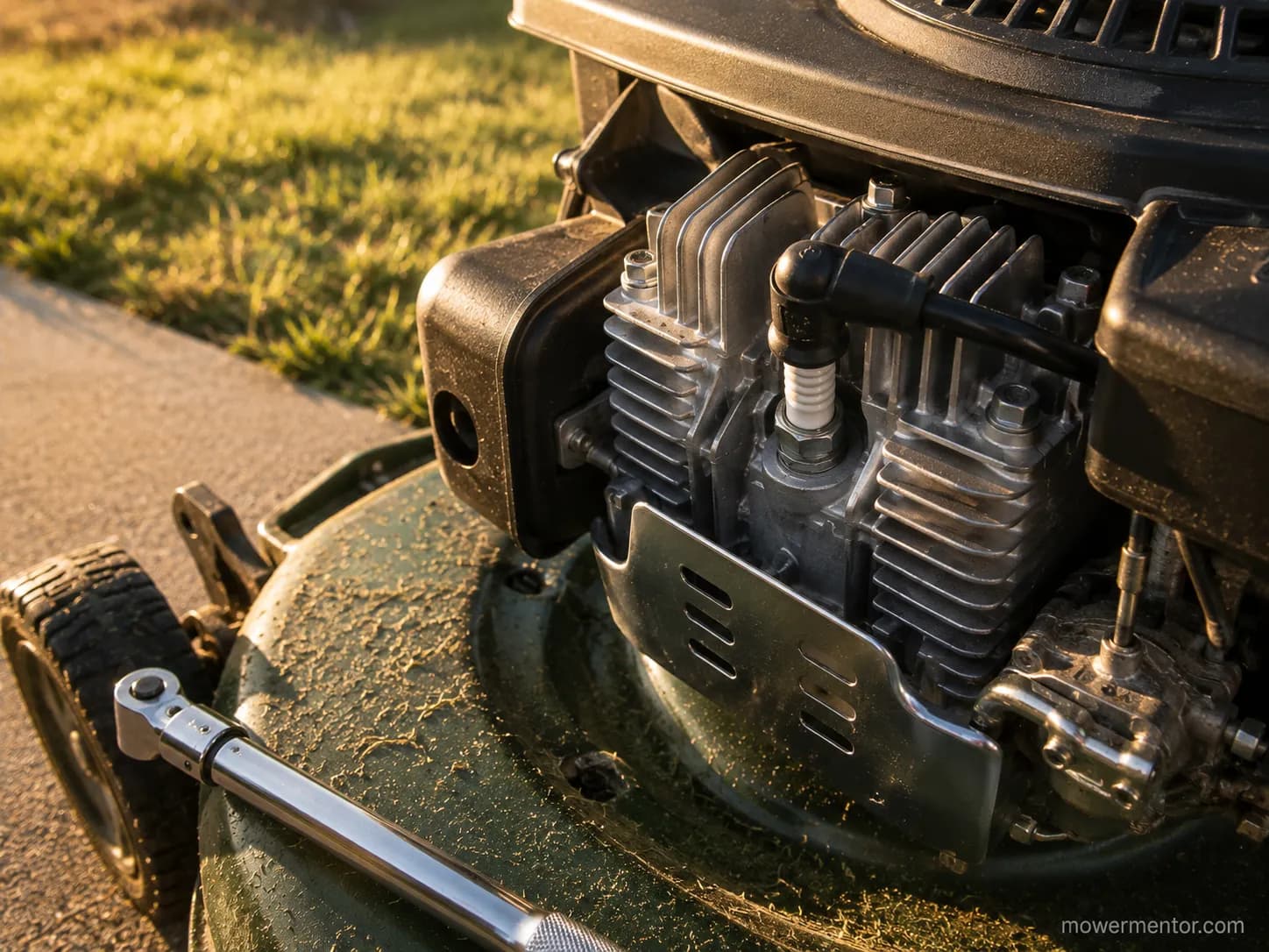 Finished spark plug repair on a walk-behind mower engine, with the new plug and boot installed and a torque wrench resting on the green mower deck in warm afternoon light.