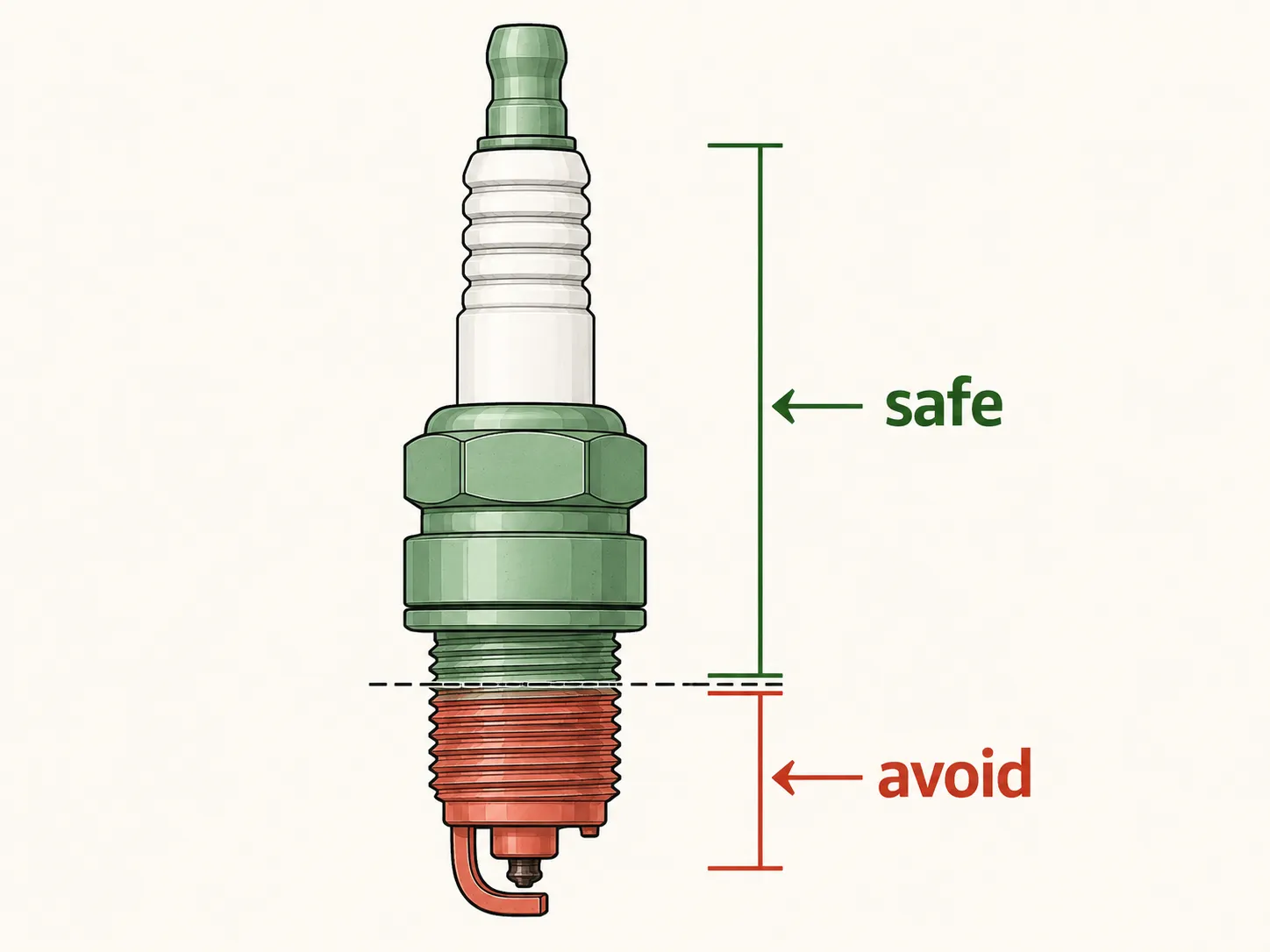 Technical diagram of a spark plug highlighting safe cleaning areas on the terminal, shell, and threads, with the firing end marked as the no-spray or avoid zone.
