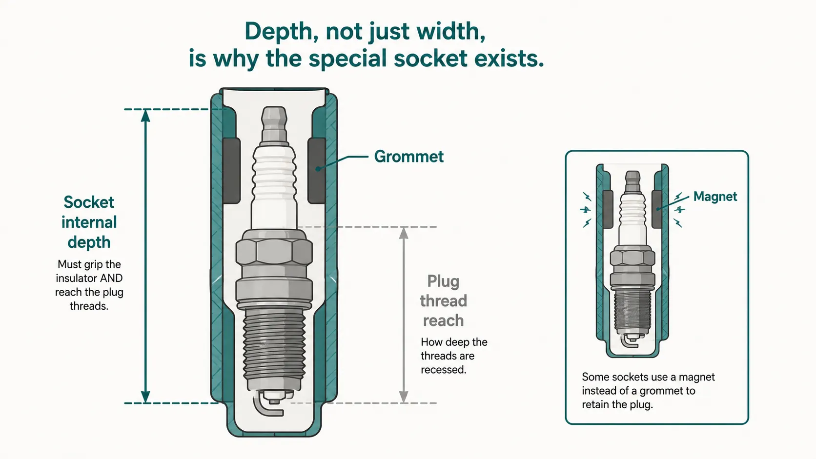 Cross-section diagram of a spark plug socket showing internal depth, a rubber grommet gripping the ceramic insulator, and an inset comparing a magnetic spark plug socket design.