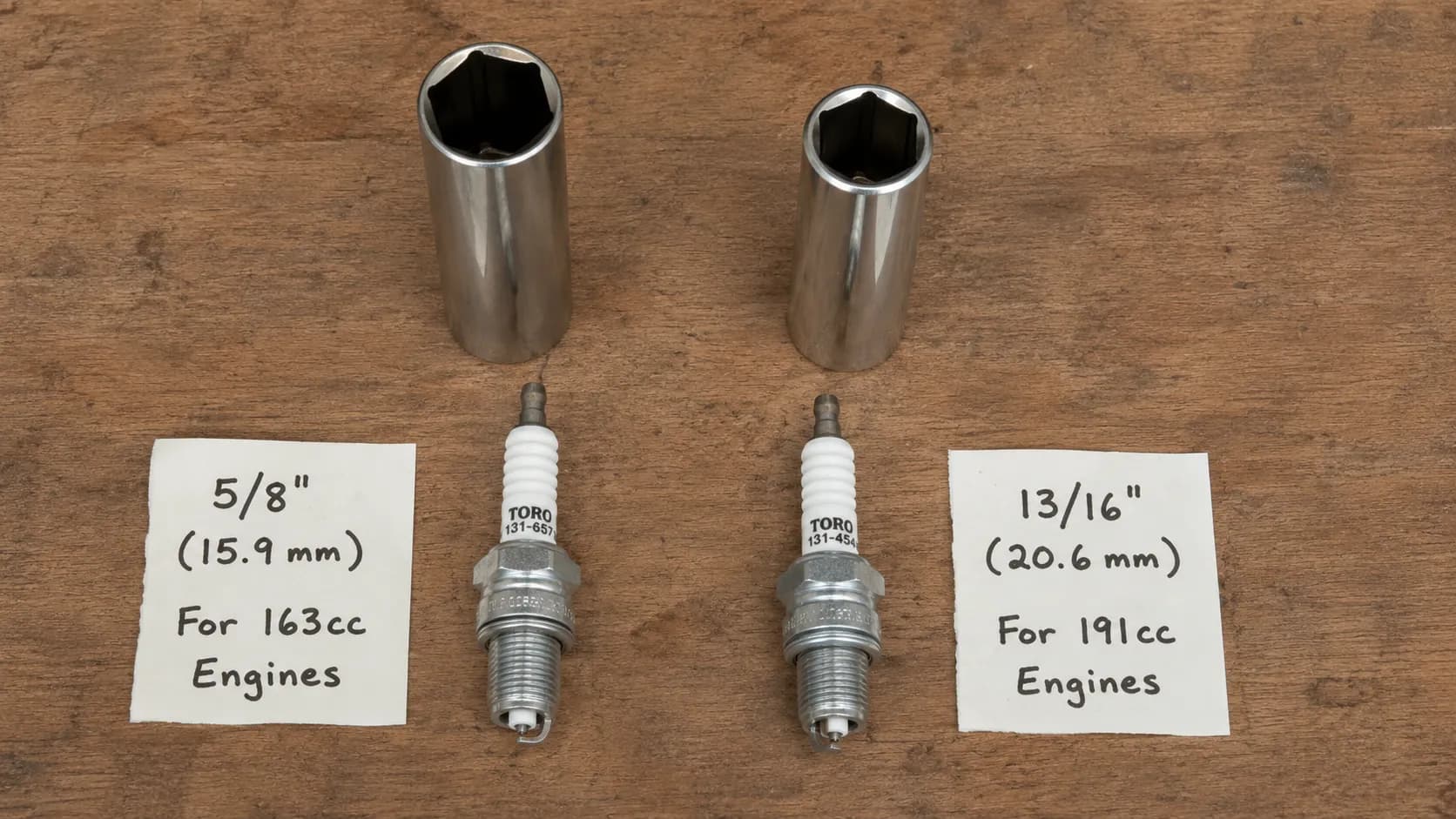 Top-down view of a 5/8-inch and 13/16-inch spark plug socket beside the Toro spark plug each fits, with handwritten engine size labels on a wooden workbench.