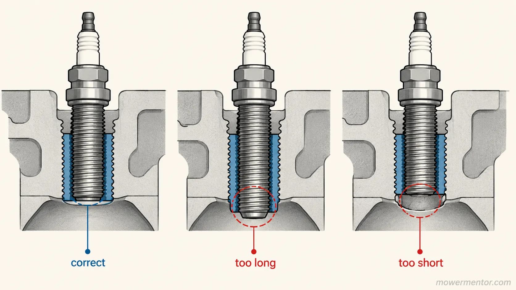 Technical diagram comparing a spark plug thread insert installed correctly, too long into the combustion chamber, and too short to support the plug threads.