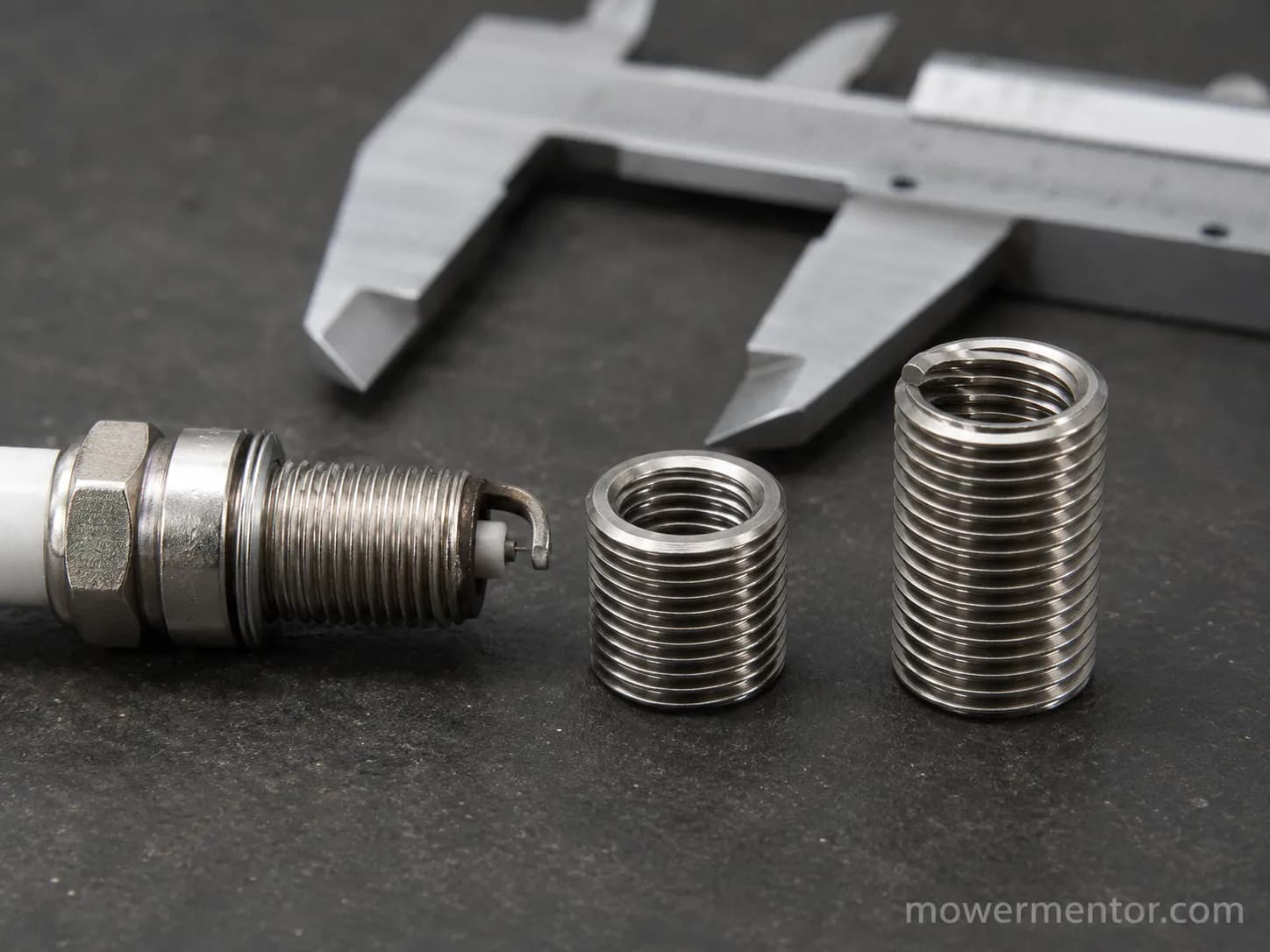 Two stainless steel threaded inserts compared with a spark plug, showing a shorter correct-length insert and a longer insert that could extend toward the piston, with digital calipers behind them.