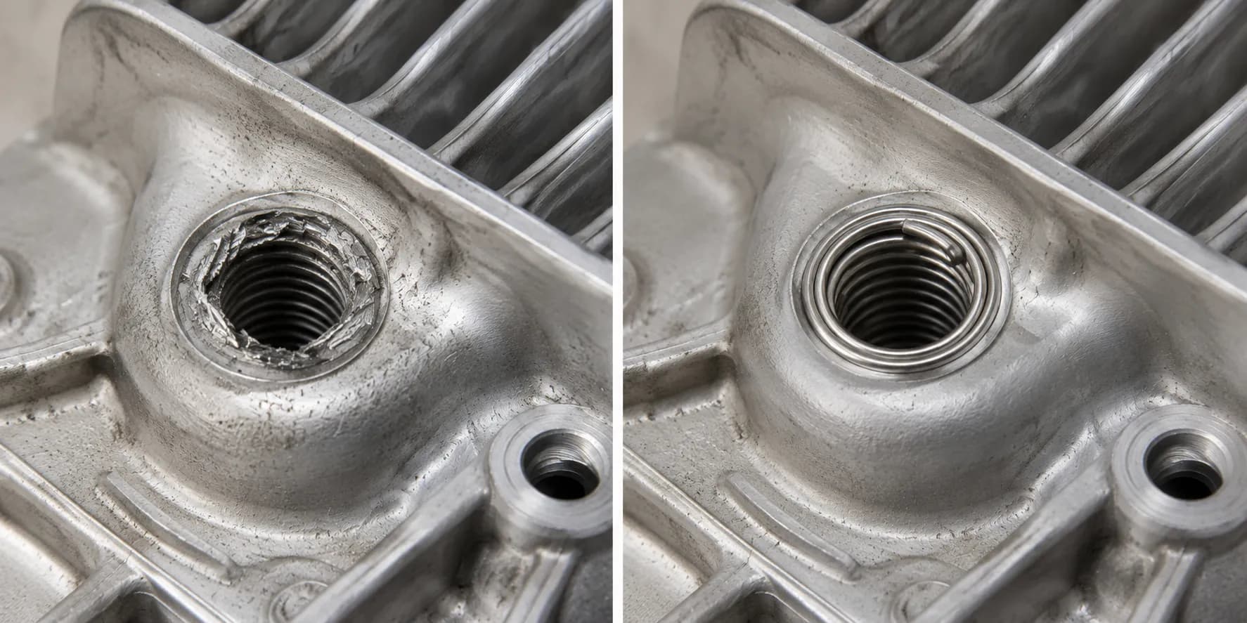 Before-and-after comparison of an aluminum cylinder head spark plug hole showing damaged threads before repair and a new steel wire thread insert installed correctly after repair.