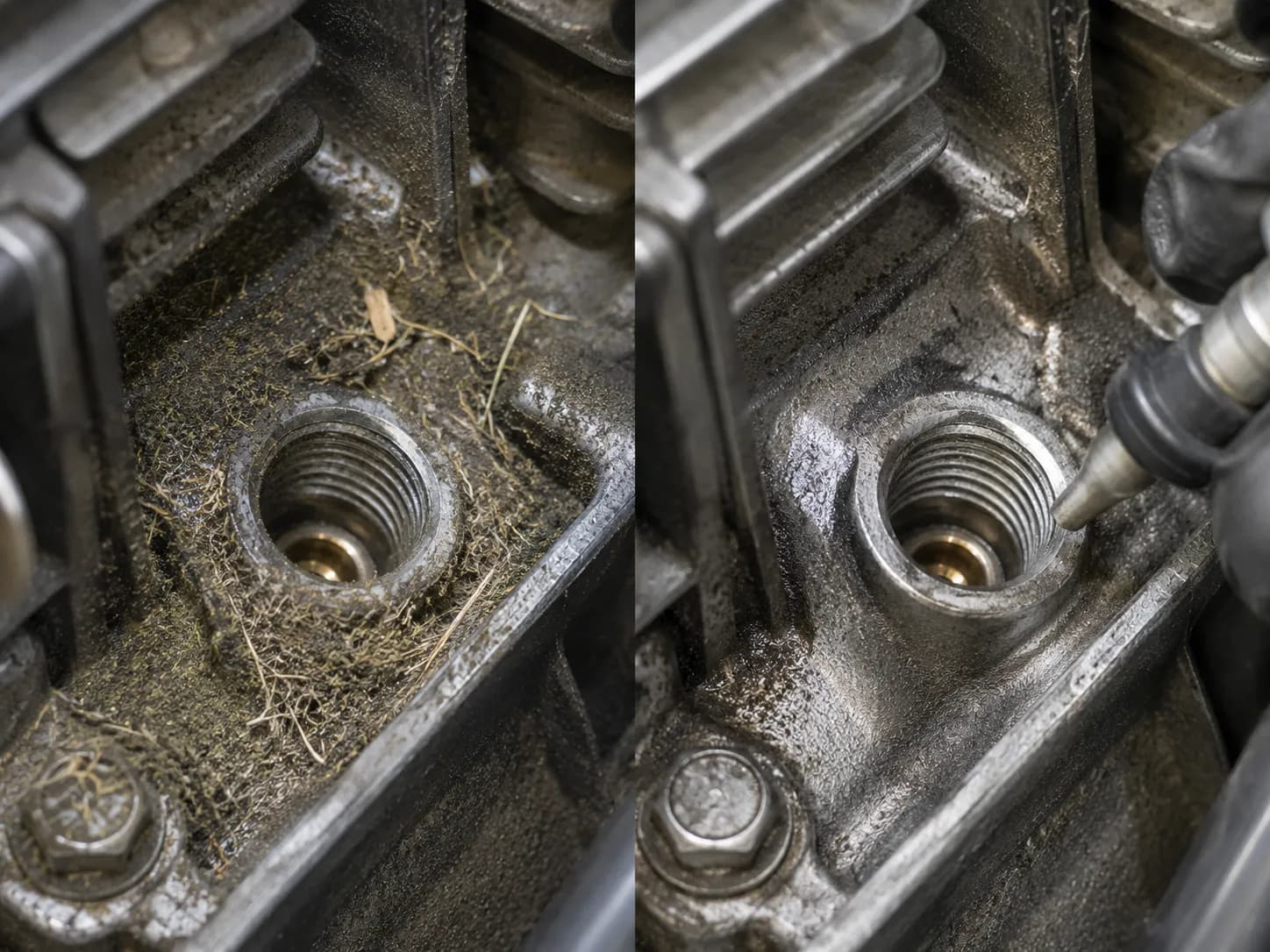 Side-by-side view of a lawn mower spark plug recess before and after cleaning, showing debris around the plug threads removed with compressed air before plug removal.