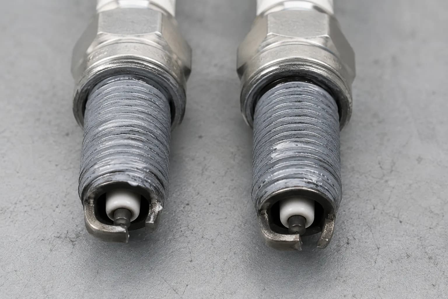 Close-up of two removed spark plugs with visible grey anti-seize compound coating the threads, placed side by side on a clean workbench as evidence after engine removal.