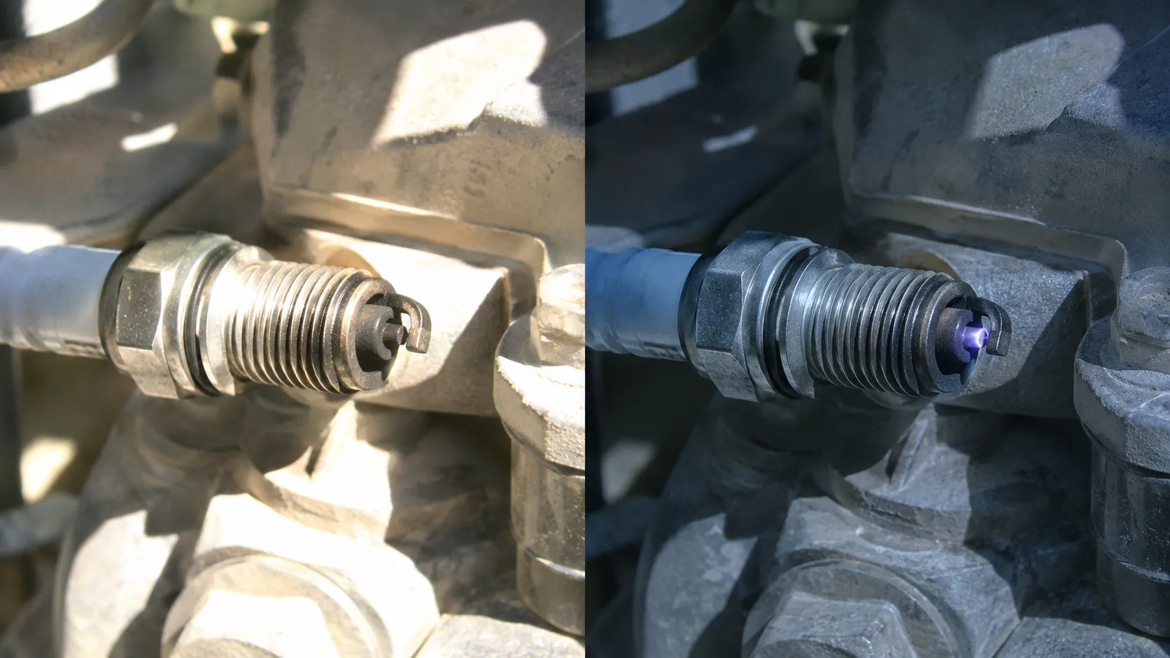 Side-by-side comparison of the same lawn mower spark plug firing in direct sunlight and in shade, showing how lighting conditions affect spark visibility even though spark strength is unchanged.