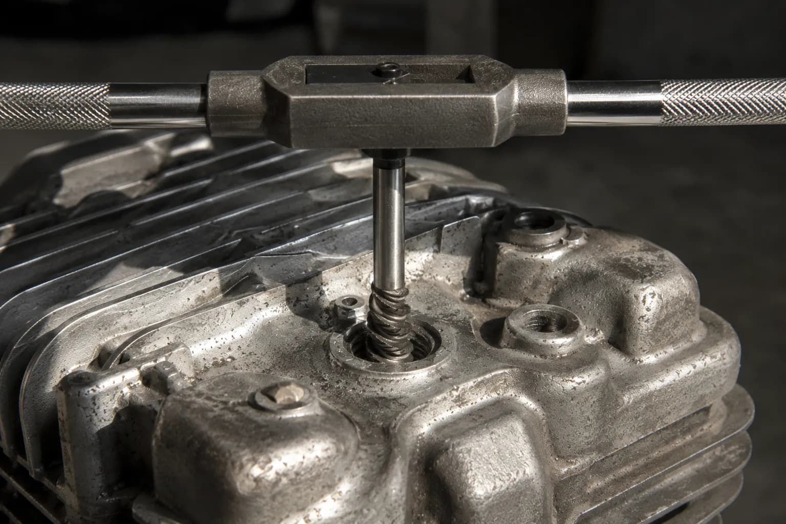 Spiral screw extractor aligned squarely with a broken spark plug shell in an aluminum cylinder head using a tap wrench to remove the shell without damaging the threads.