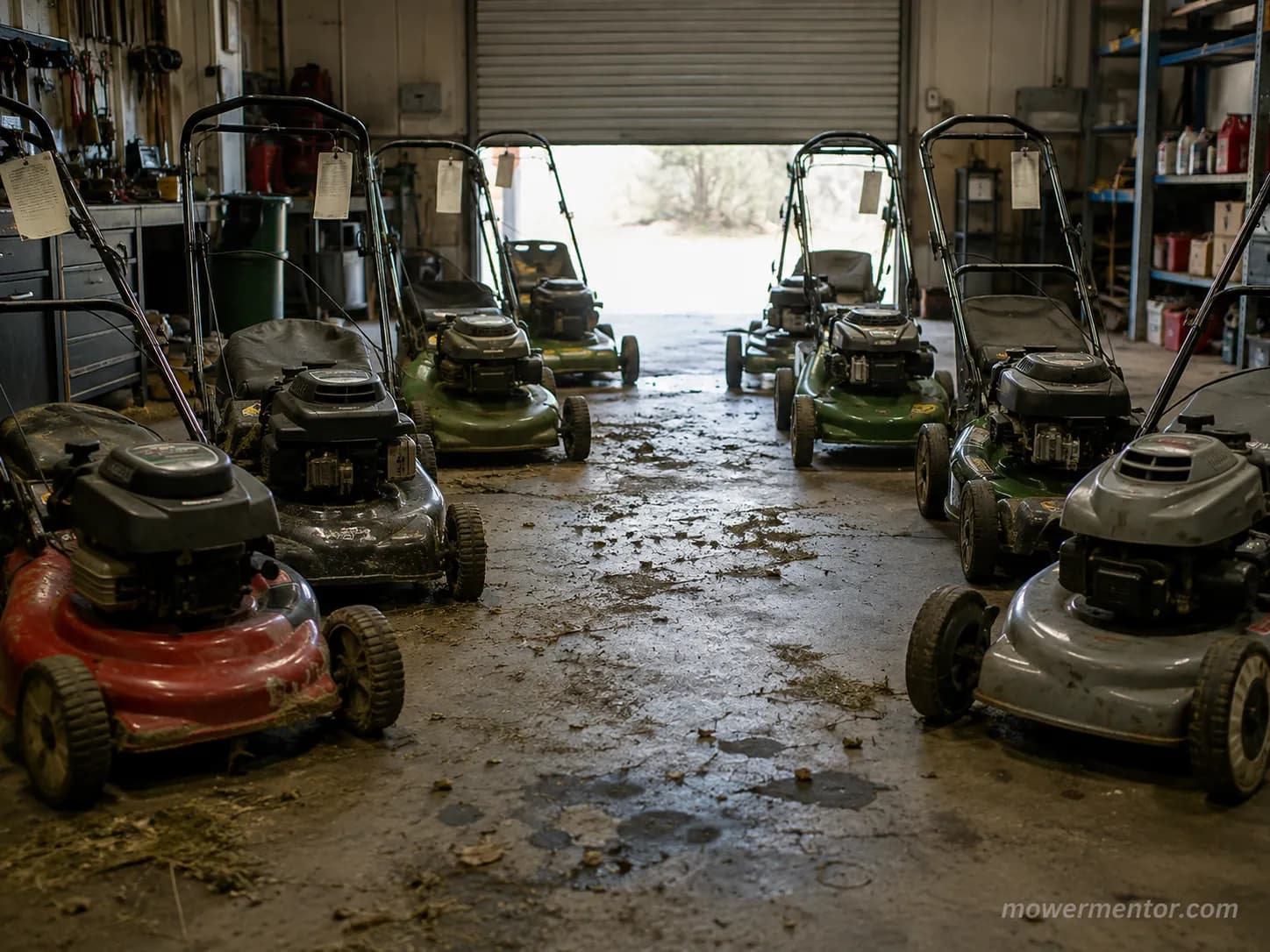 Walk-behind lawn mowers queued inside a repair shop at the start of spring, with service tags, grass clippings, oil stains, and daylight through the open garage door.