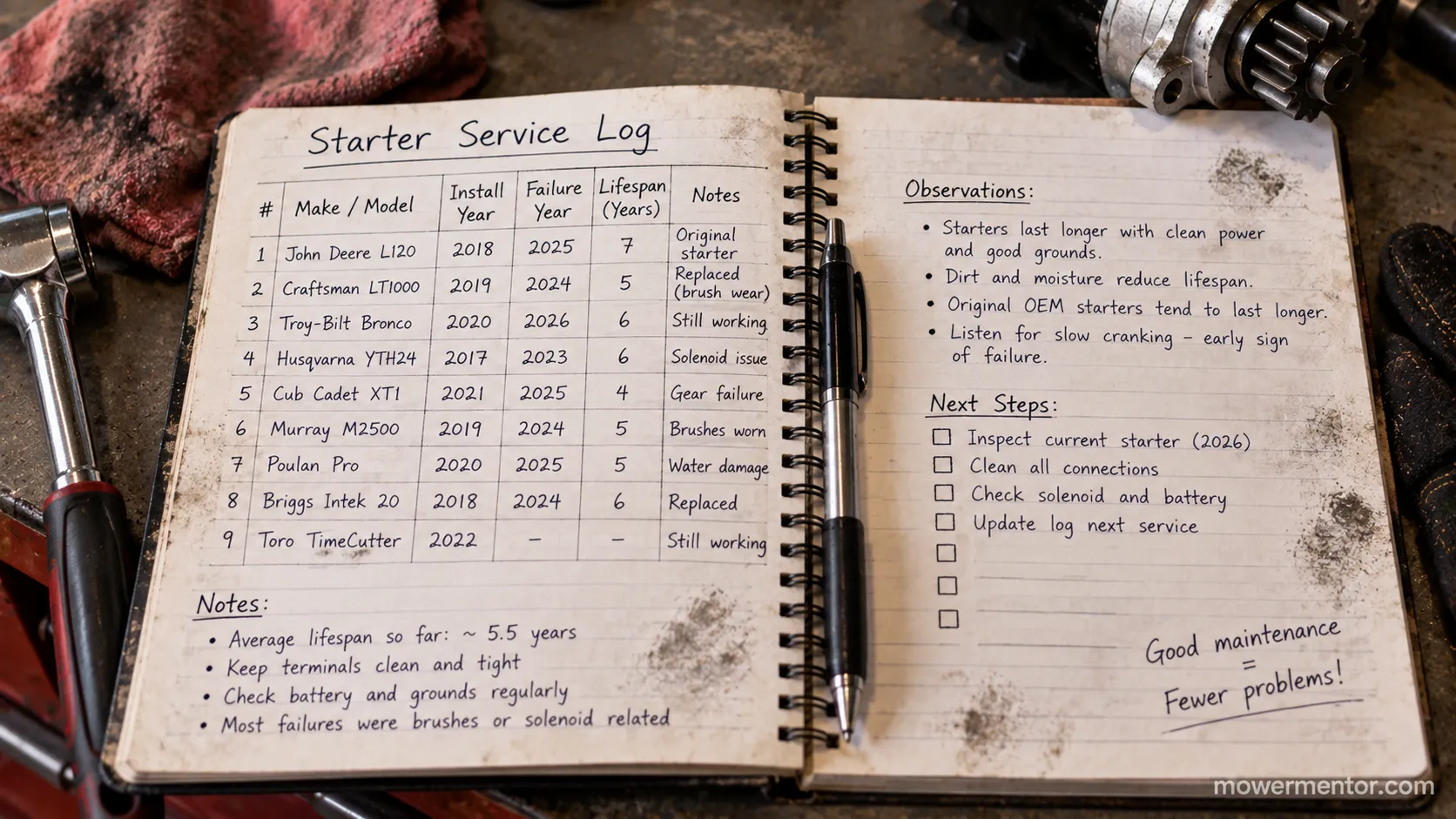 Lawn mower starter motor lifespan by make from a repair service log