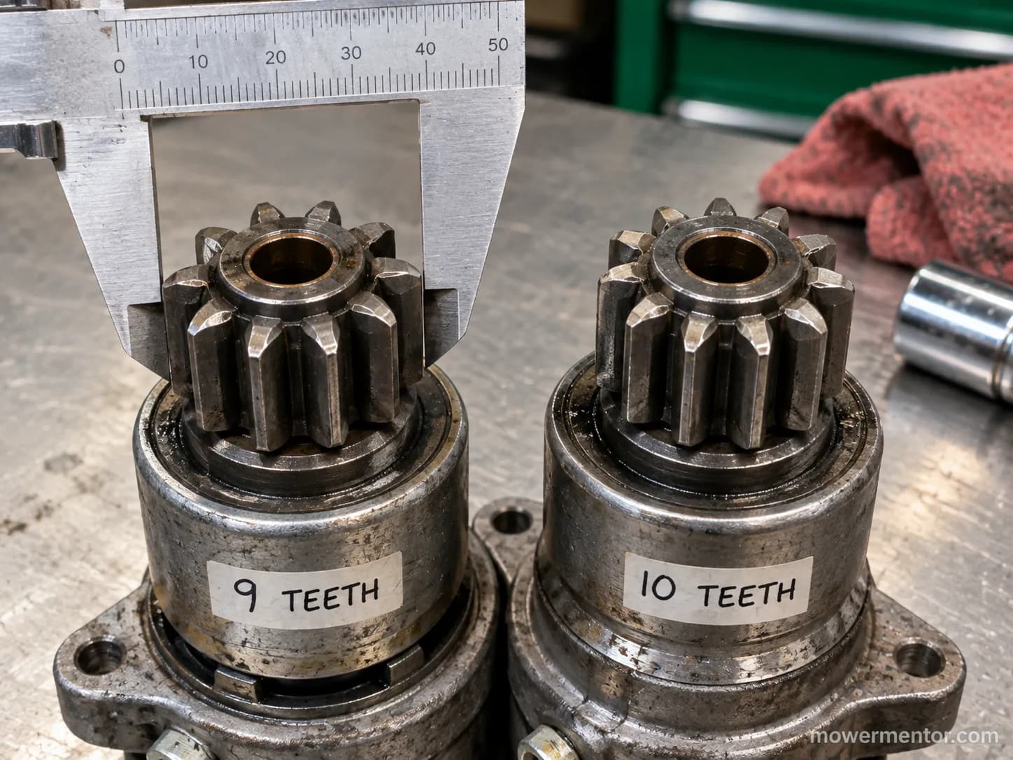 Measuring lawn mower starter pinion tooth count nine versus ten with calipers