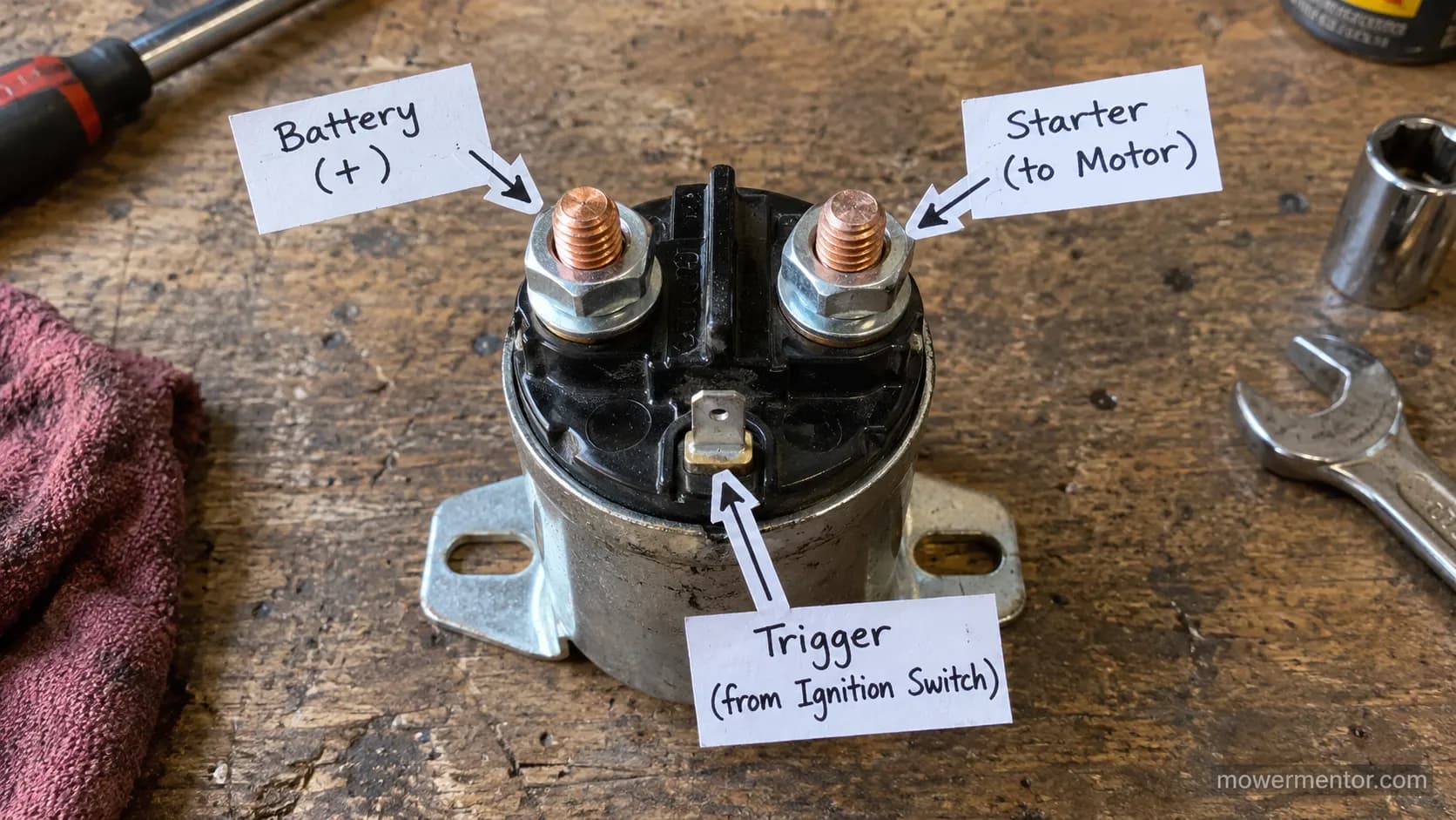 Lawn mower starter solenoid with its four posts labeled battery, starter, trigger and ground.