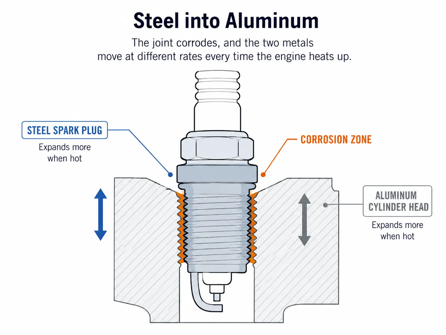 Technical cross-section diagram showing a steel spark plug threaded into an aluminum cylinder head, highlighting the corrosion zone and different thermal expansion of both metals.