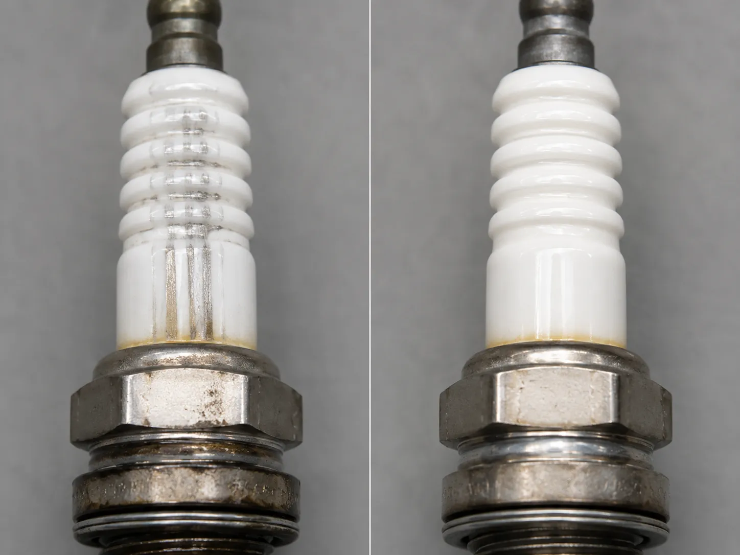 Side-by-side comparison of spark plug ceramic insulators after cleaning with steel and brass brushes, showing permanent metallic streaks on the steel-cleaned insulator versus the cleaner brass result.