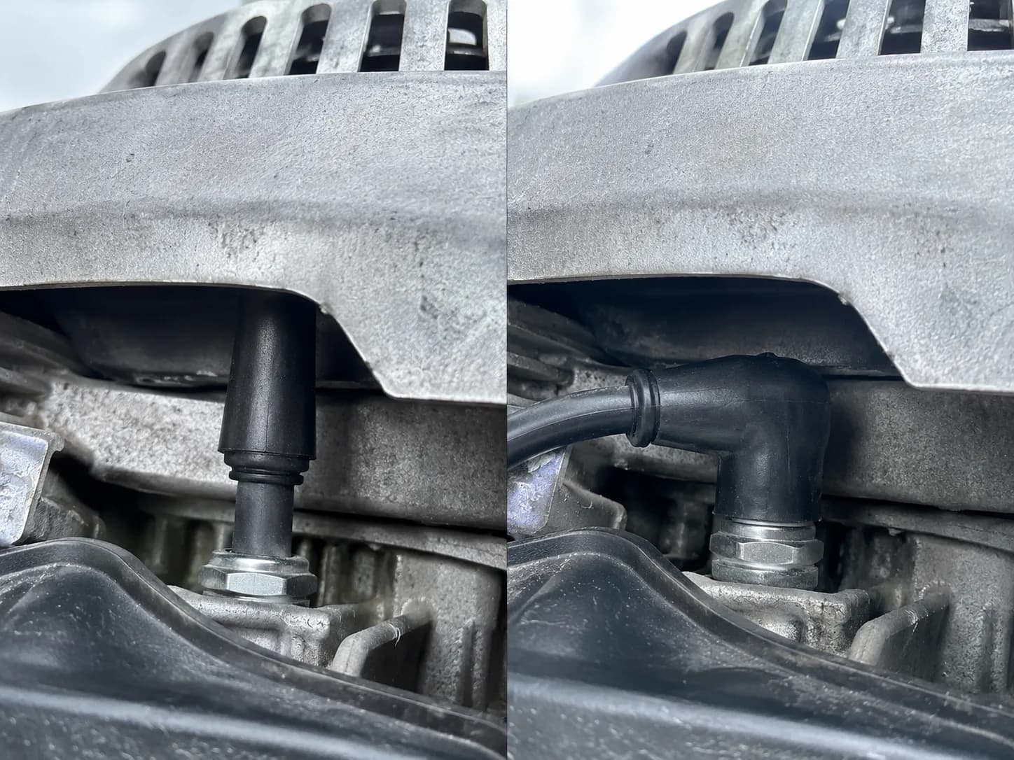 Side-by-side comparison of straight and 90-degree spark plug boots on a Honda GCV170 engine, showing the straight boot fouling the shroud and the angled boot fully seated.