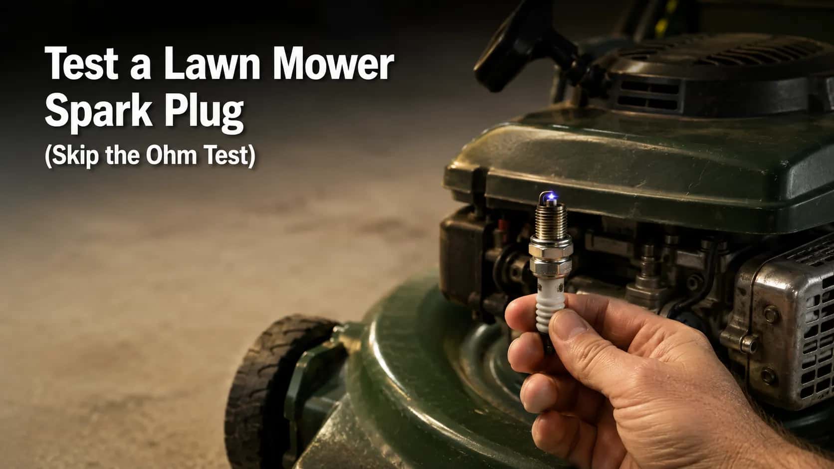 Hand holding a spark plug against a walk-behind lawn mower engine in a garage before testing for spark, demonstrating how to test a lawn mower spark plug without using an ohm or resistance test.
