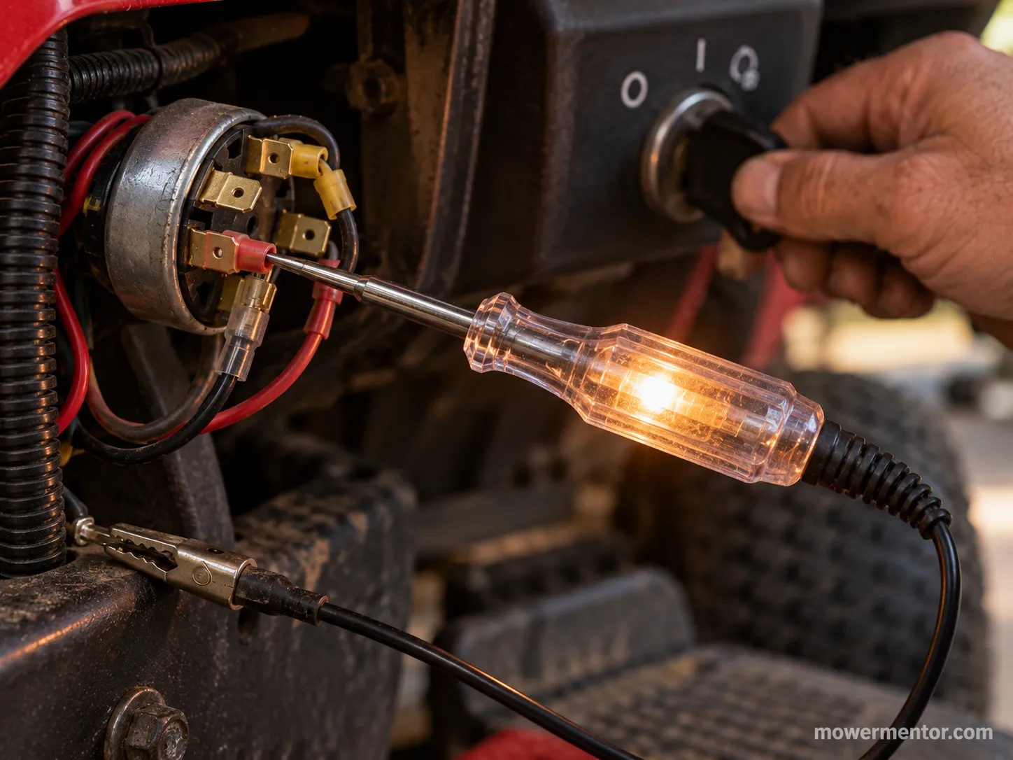 automotive test light glowing on the S terminal wire of a lawn mower ignition switch