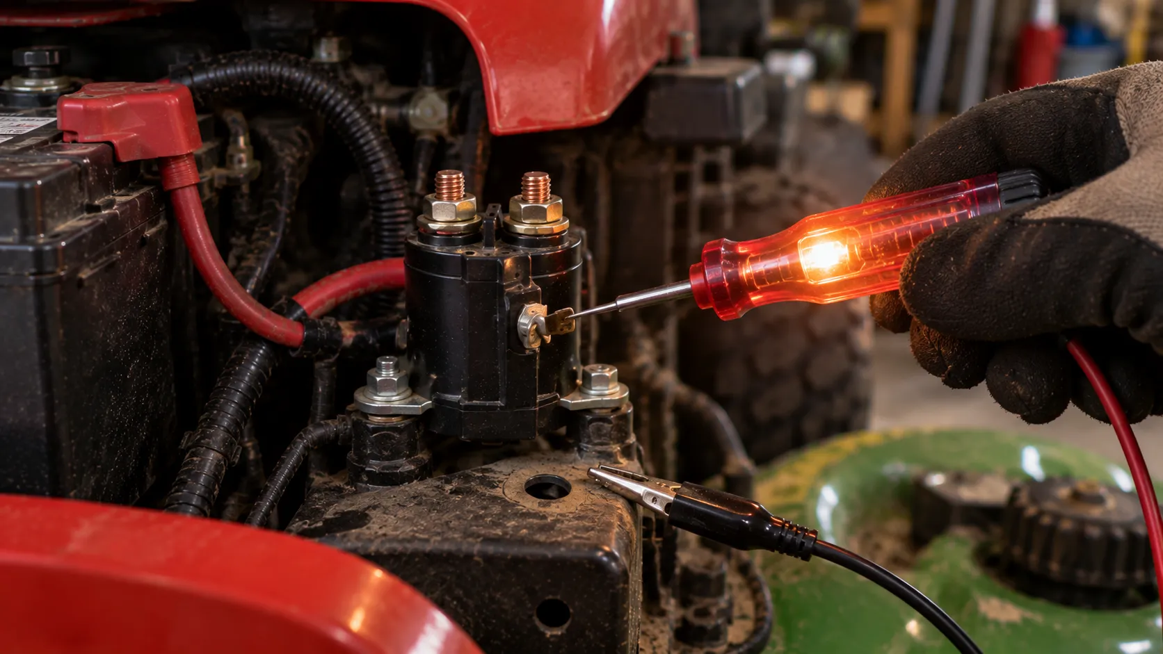 Lit incandescent test light on a lawn mower solenoid trigger terminal