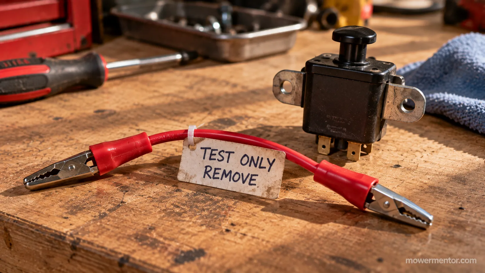 Temporary jumper wire tagged test only for a lawn mower seat safety switch
