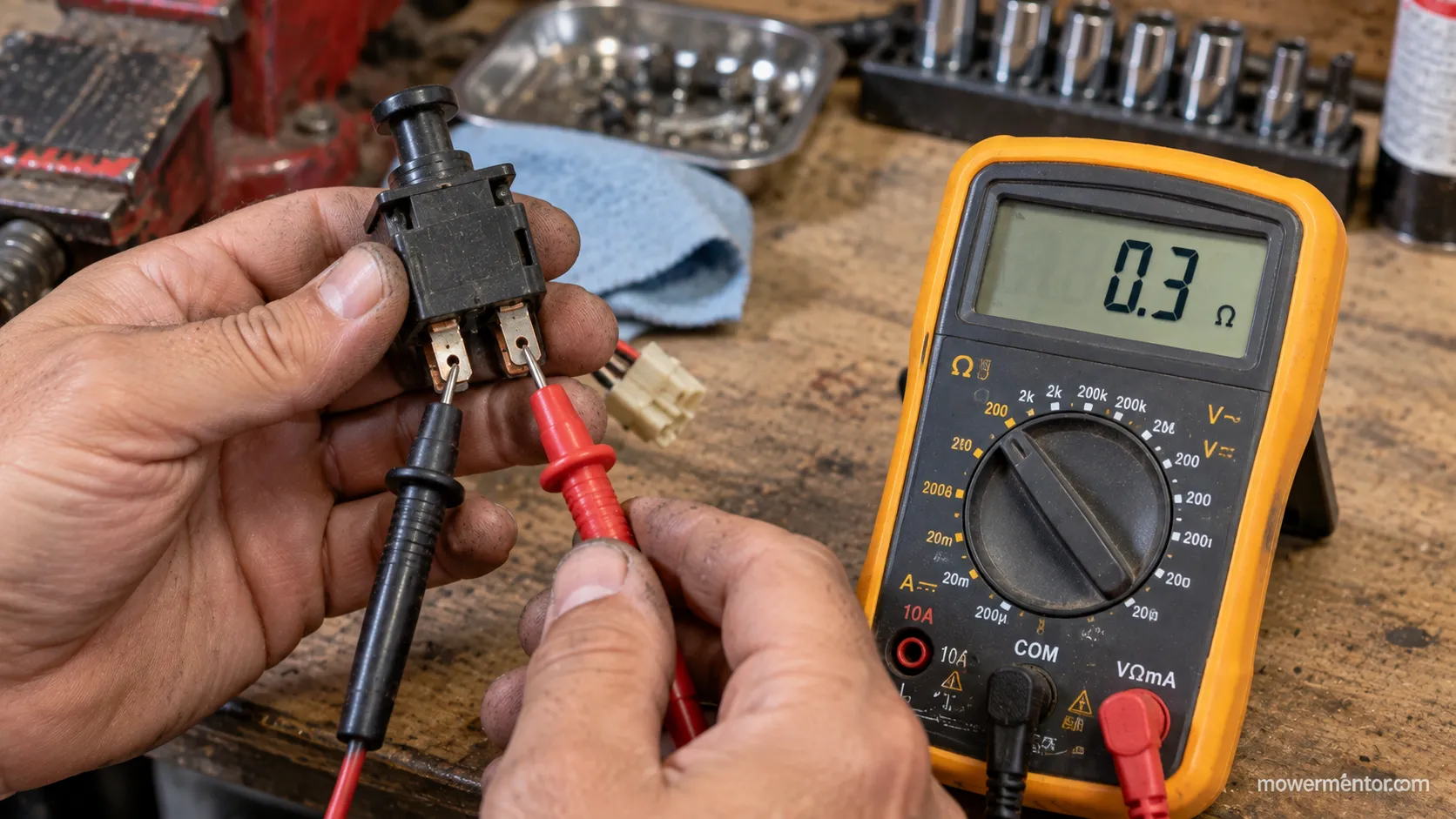 Testing a lawn mower brake safety switch with a multimeter across its terminals