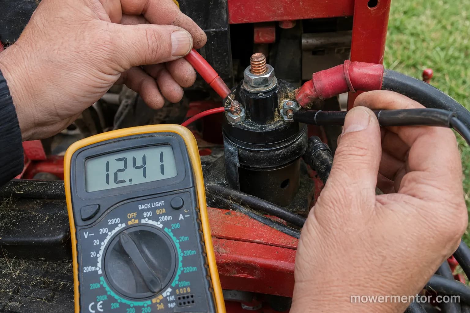 Multimeter reading about 12.4 volts at the trigger post while testing a Craftsman starter solenoid.