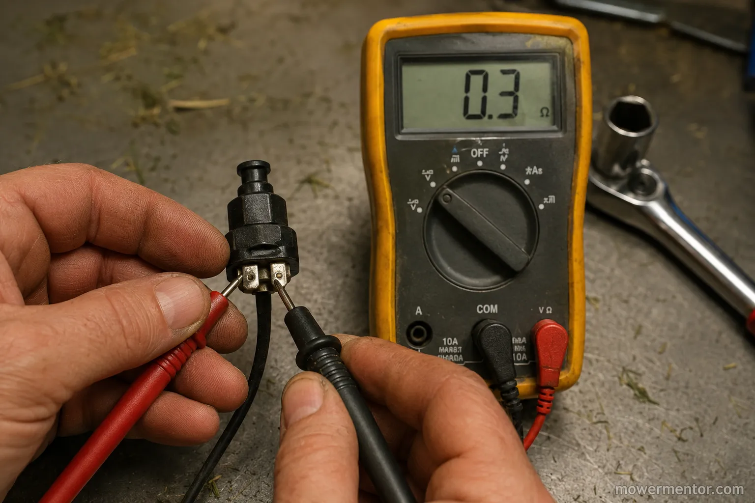 Testing a Husqvarna seat safety switch for continuity with a multimeter.
