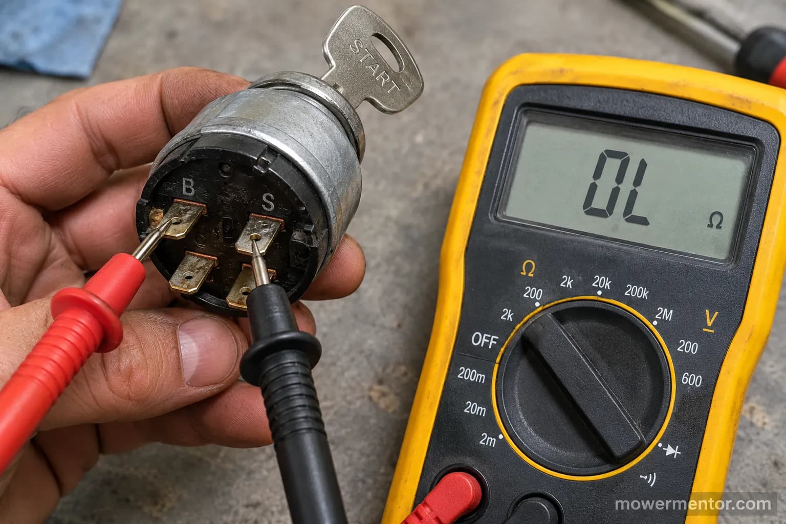 Multimeter testing lawn mower ignition switch continuity between the B and S terminals.