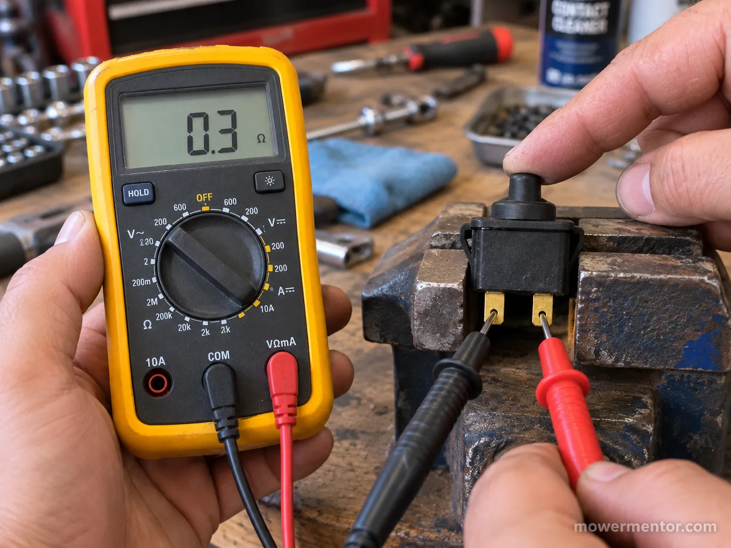 Testing a lawn mower seat safety switch for continuity with a multimeter