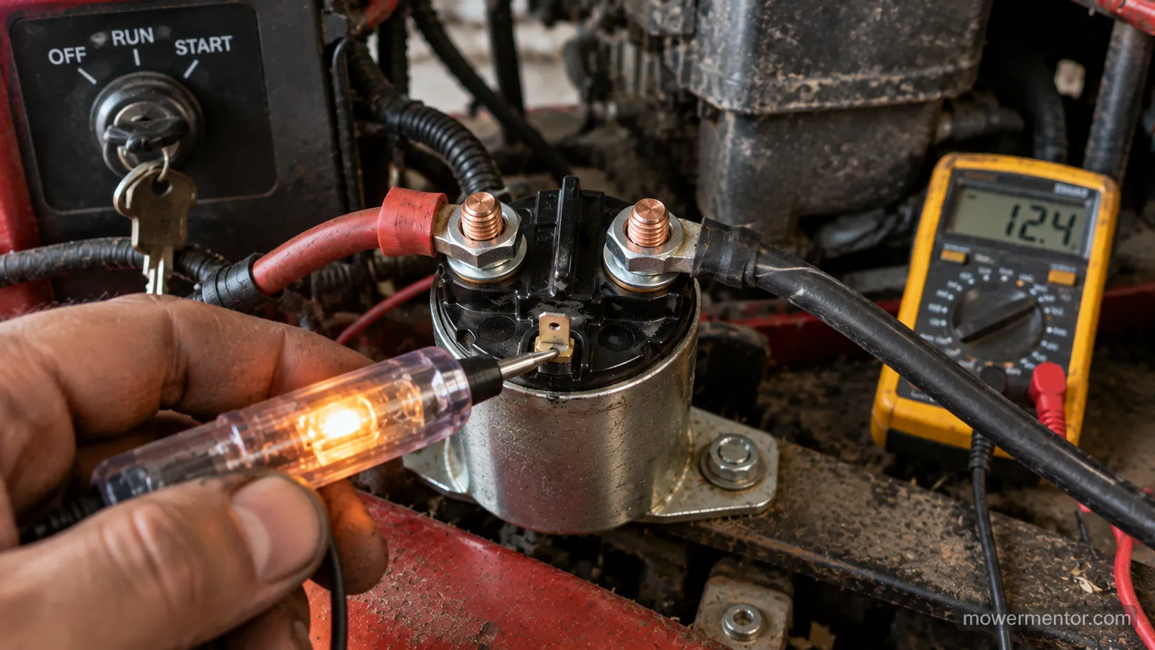 Testing the small trigger terminal on a lawn mower solenoid with a test light in START.