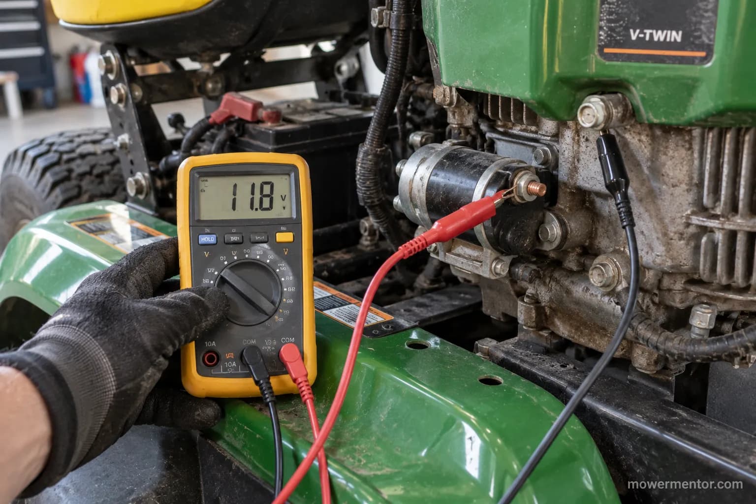 multimeter reading 11.8 volts while testing a Husqvarna riding mower starter terminal