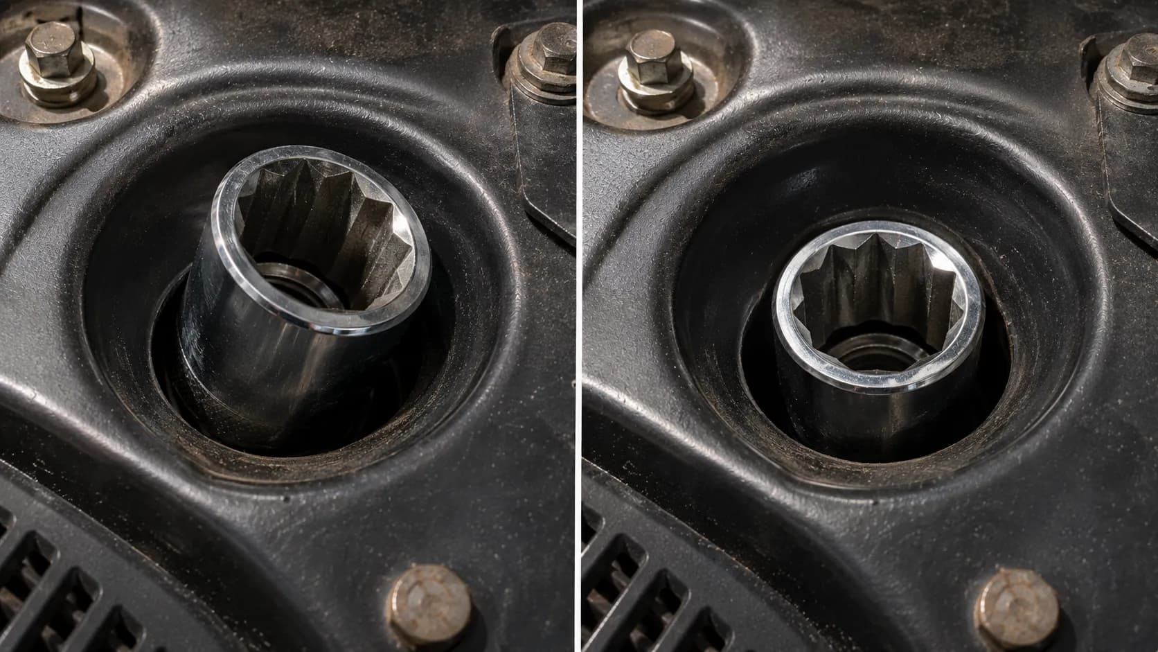 Side-by-side comparison showing a standard spark plug socket failing to seat in a recessed lawn mower engine, while a thin-wall socket fits fully and sits flush.