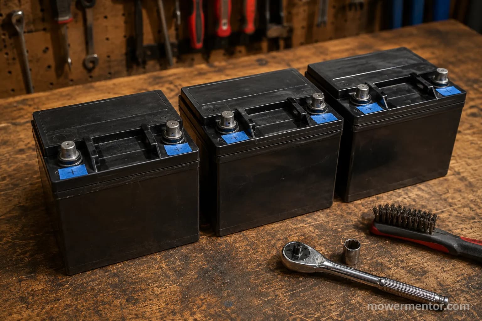 Three 12 volt Group U1 riding lawn mower batteries with terminals labeled on a bench.