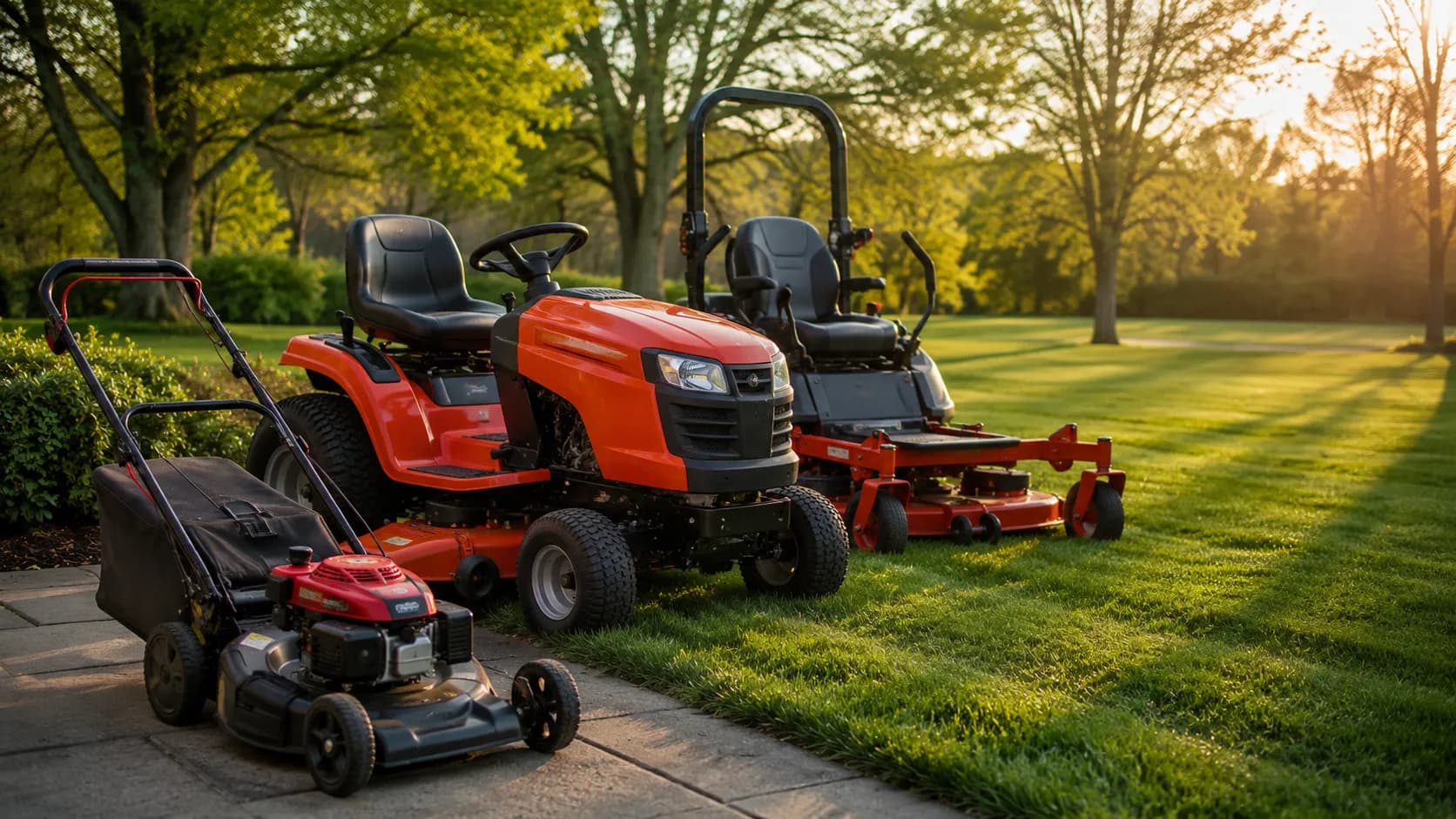 Three clean lawn mowers parked after spring service on a freshly cut lawn, featuring a push mower, lawn tractor, and zero-turn mower in warm late afternoon sunlight.