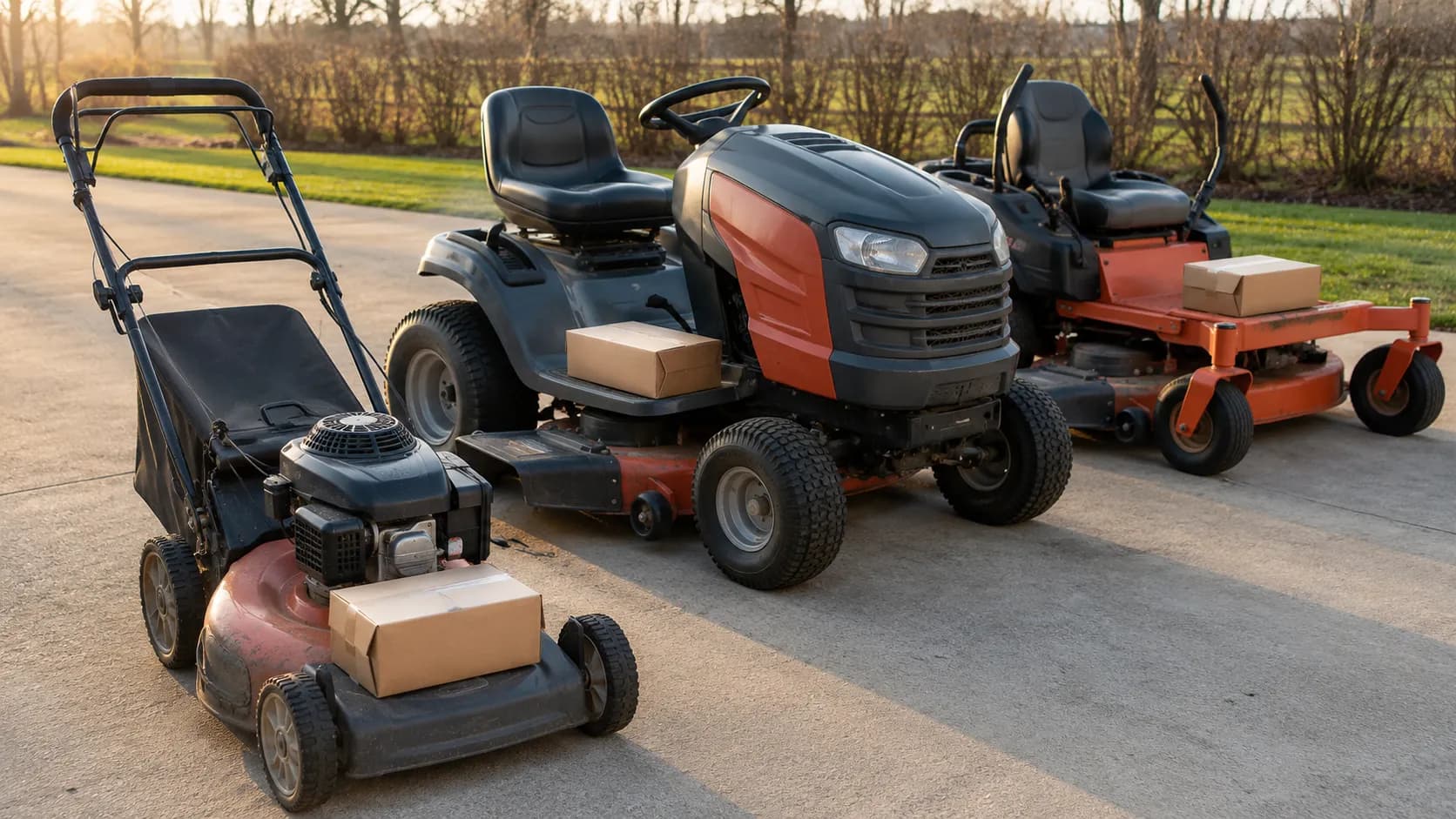 Three lawn mowers—a push mower, lawn tractor, and zero-turn mower—parked side by side with matching maintenance kit boxes resting on their cutting decks on a clean concrete driveway.
