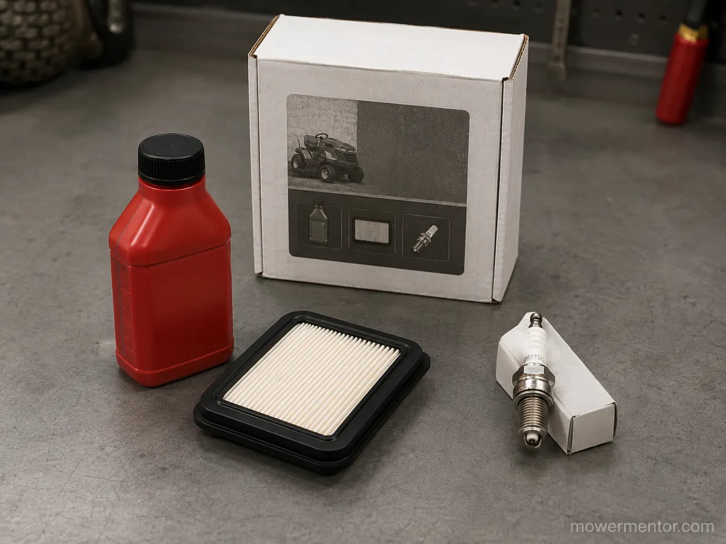 Three-part engine tune-up kit with oil bottle, air filter and spark plug arranged on a gray workshop bench.