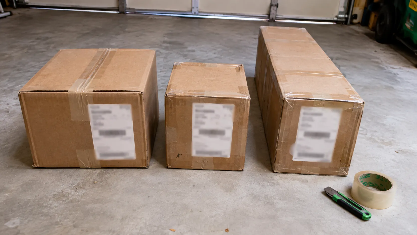 Three cardboard shipping cartons of different sizes lined up on a garage floor with blurred shipping labels, a box cutter and packing tape, representing kits delivered through three channels.