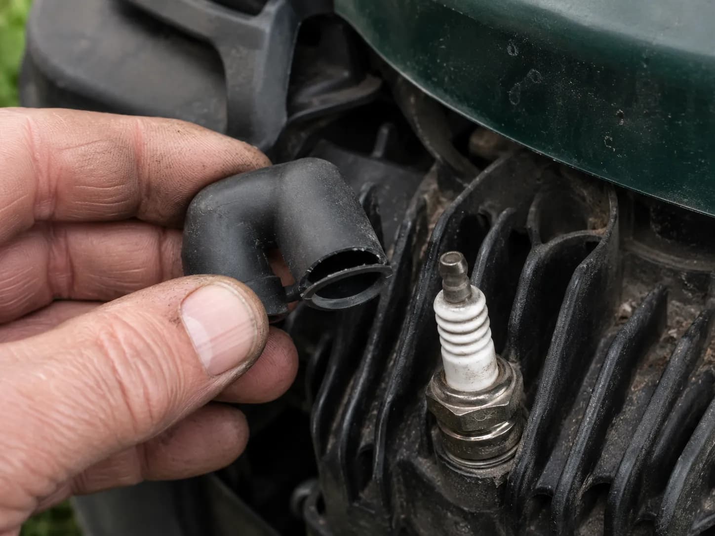 Close-up of a torn black rubber spark plug boot held beside an exposed spark plug on a riding mower engine, showing ignition boot damage that can cause poor starting or engine misfires.