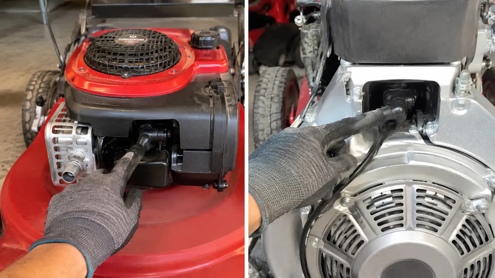 Side-by-side comparison of a Toro Recycler and Toro TimeMaster engine with a gloved hand pointing to the spark plug boot location on each mower for easy identification.