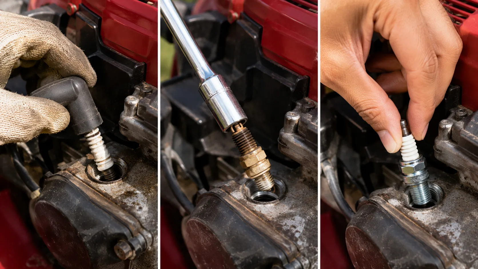 Three-step sequence showing a Toro mower spark plug replacement: removing the plug boot, extracting the old spark plug with a socket, and hand-threading a new spark plug into the engine.