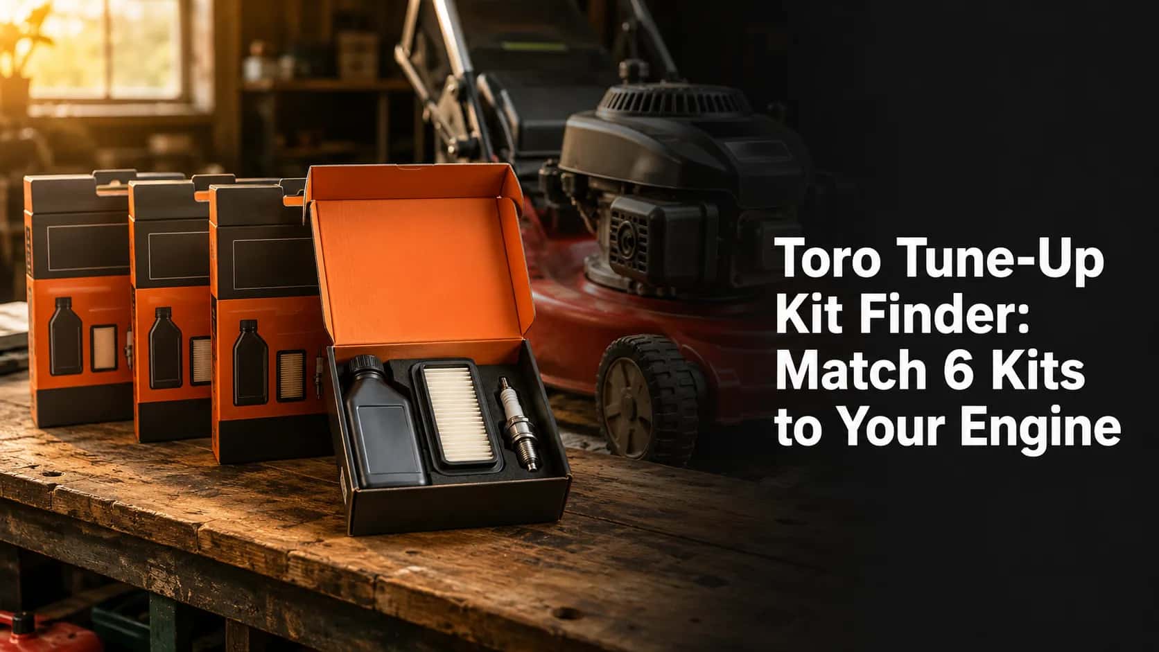 Three Toro-style mower tune-up kits on a worn workbench, one open with engine oil, air filter, and spark plug beside a walk-behind mower engine in warm spring morning light.