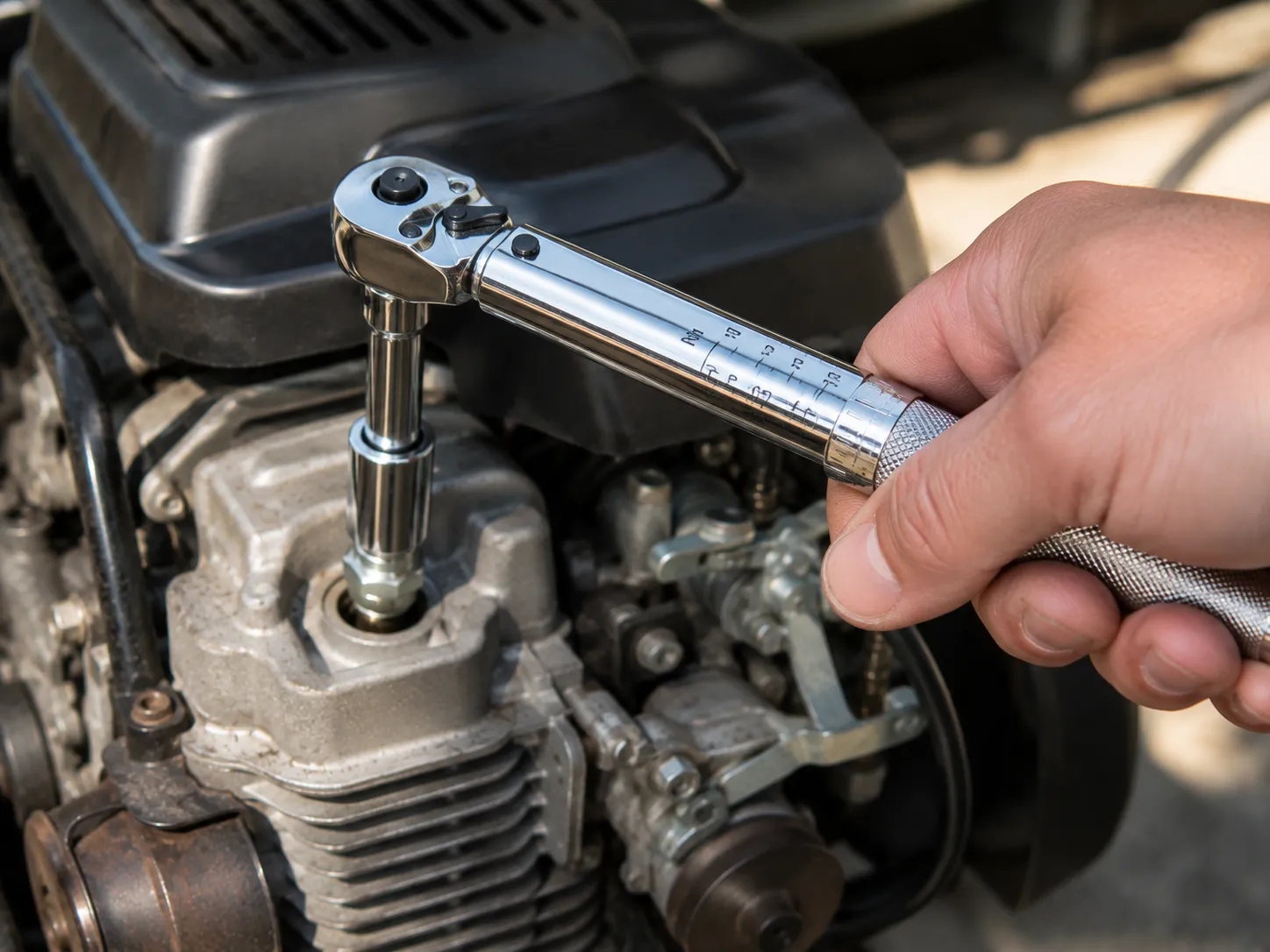 Torque wrench tightening a lawn mower spark plug after hand-threading, demonstrating the final installation step to achieve proper spark plug torque and avoid over-tightening.