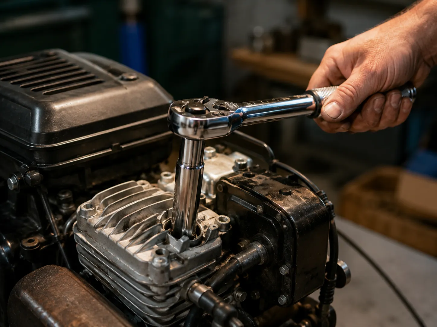 Torque wrench with a spark plug socket tightening a lawn mower spark plug in a small engine cylinder head, demonstrating proper spark plug installation and torque.