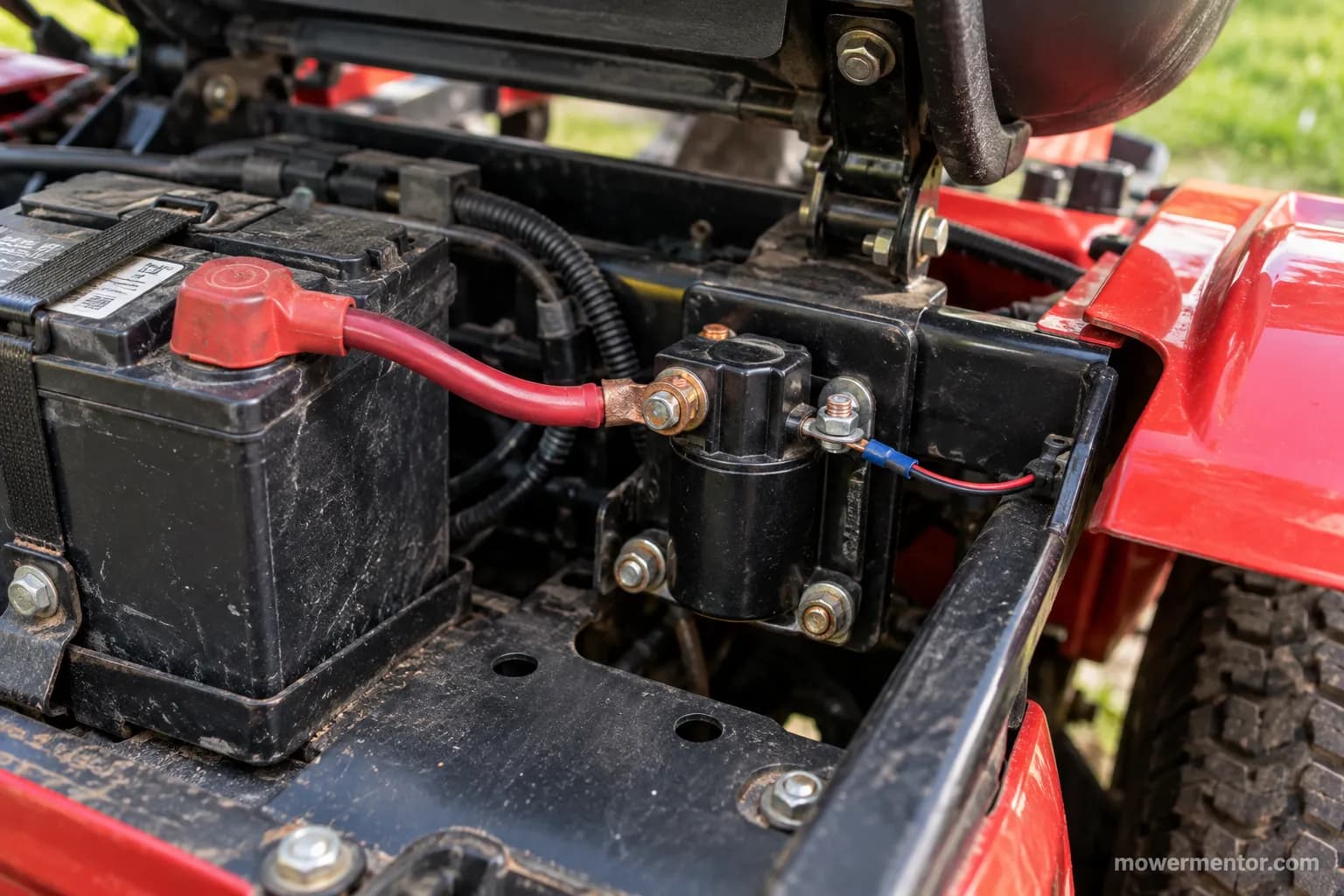 Black starter solenoid mounted on the frame under the seat of a Troy-Bilt Bronco riding mower beside the battery.