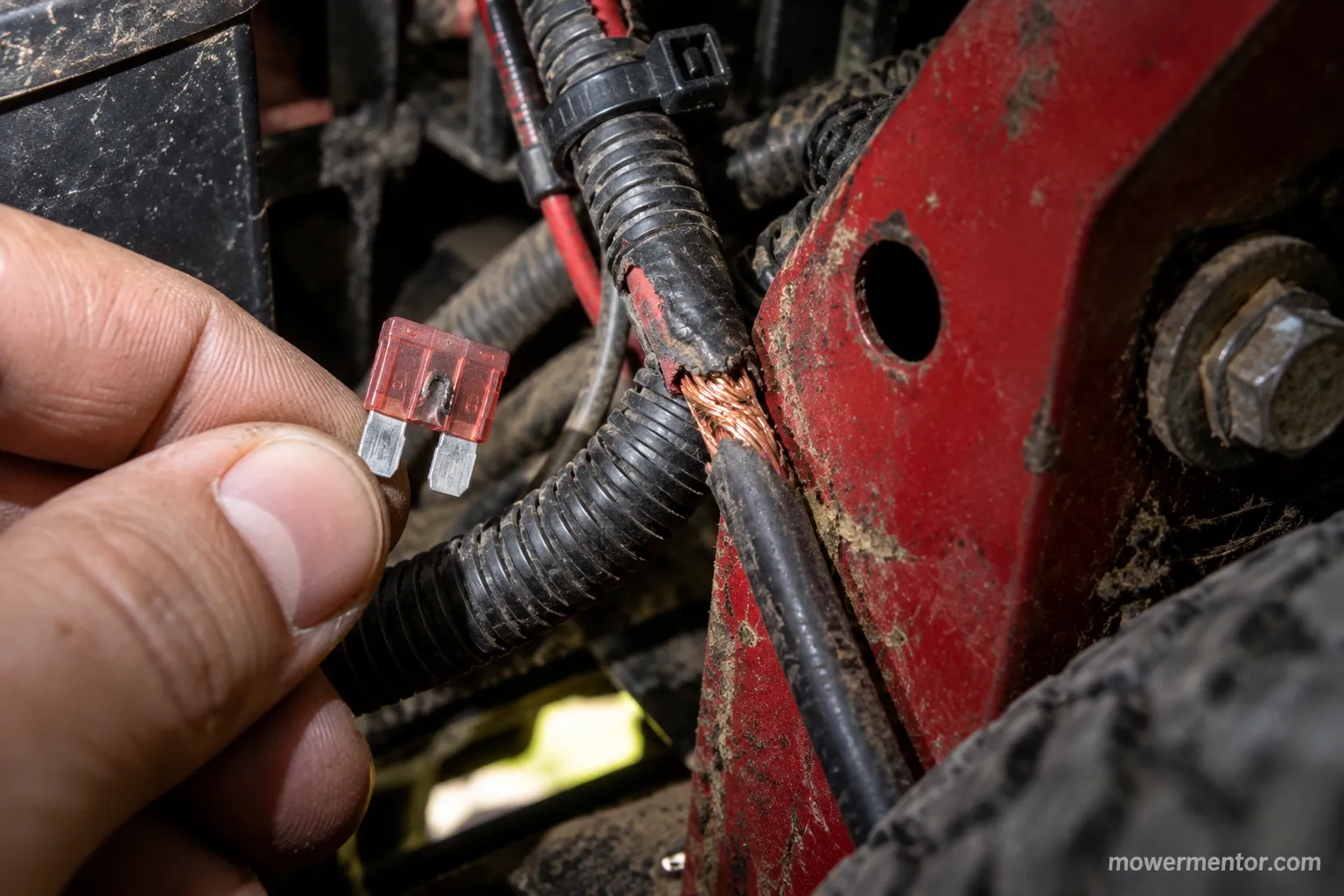 Chafed wiring harness with exposed copper against the frame that blew a fuse on a Troy-Bilt riding mower.